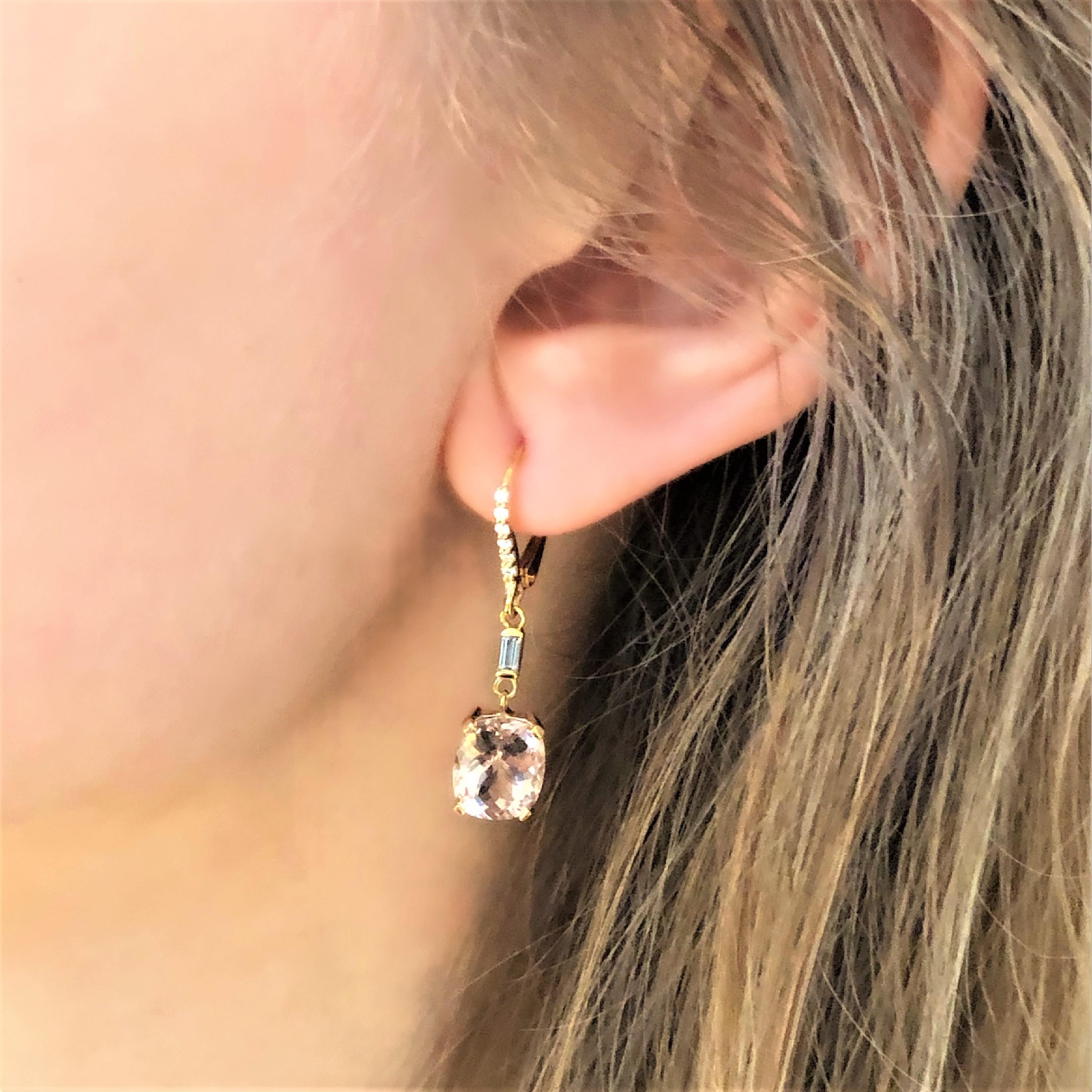 Fourteen karat yellow gold morganite and diamond hoop drop earrings 
Baguette Diamond weighing 0.15 carat
Round diamond weighing 0.28 carat
Morganite weighing 5.57 carat 
New Earrings
One of a kind earrings 
Handmade in USA
Fourteen karat gold