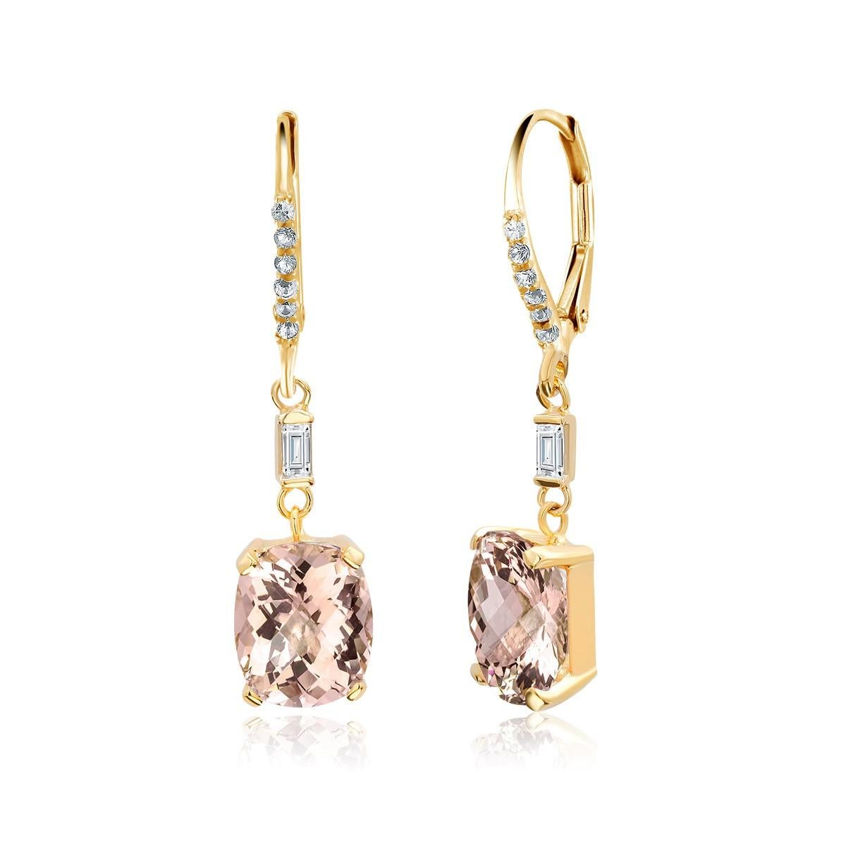 Contemporary Morganite and Diamond Yellow Gold Hoop Drop Earrings 