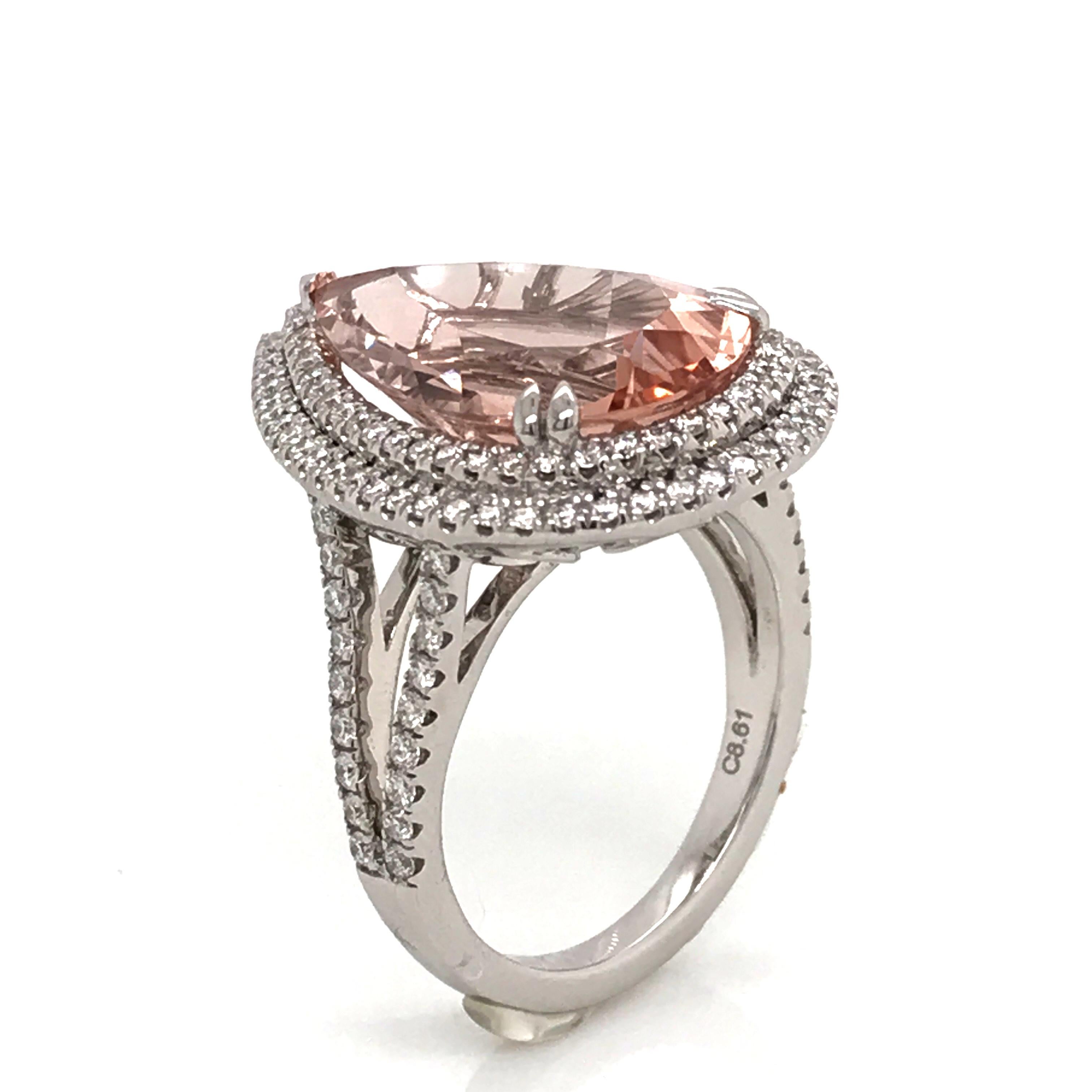 Discover this Creation Cocktail ring Pear Shape with Morganite of 8.61 ct From Brazil 
Decorated with diamonds Color G-VS 0.88 ct 
White Gold 18 k / 9.2 grams 
French Size 55
US Size 7.25