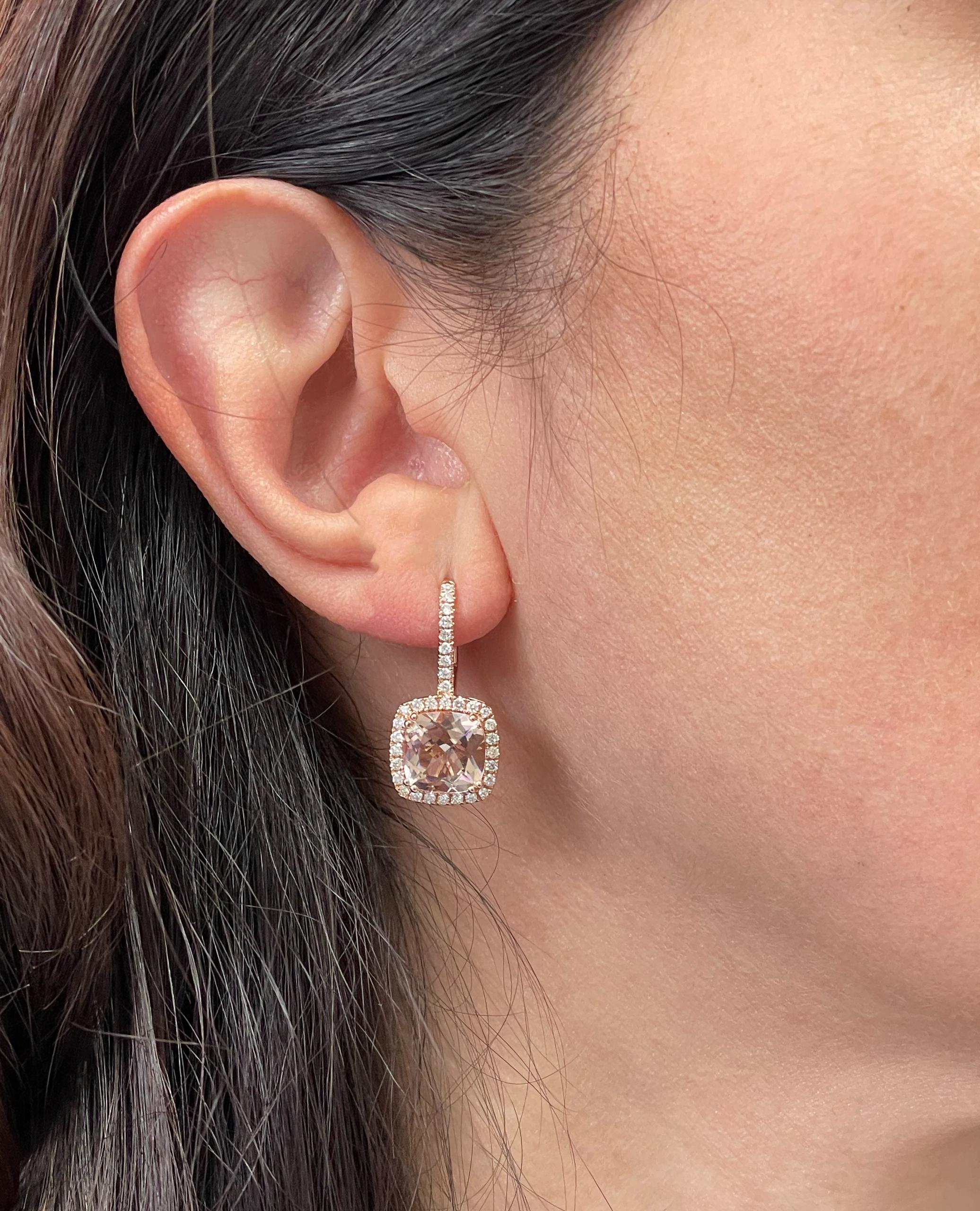 Taille mixte Morganite and Halo Diamond Drop Earrings in 14K Rose Gold en vente