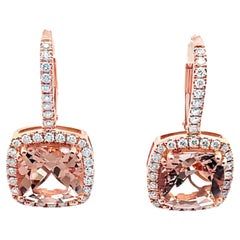 Morganite and Halo Diamond Drop Earrings in 14K Rose Gold