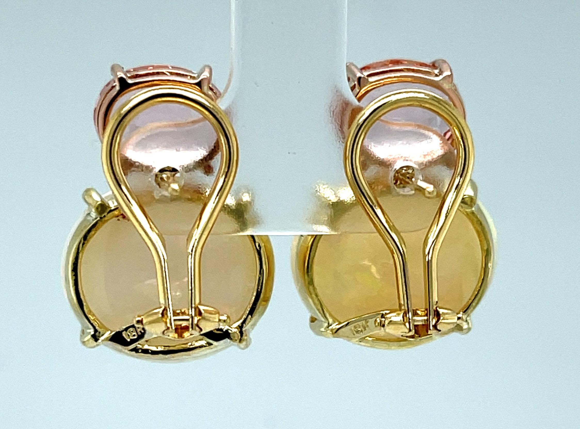 Morganite and Opal Earrings in 18k Rose and Yellow Gold with Omega Backs For Sale 5