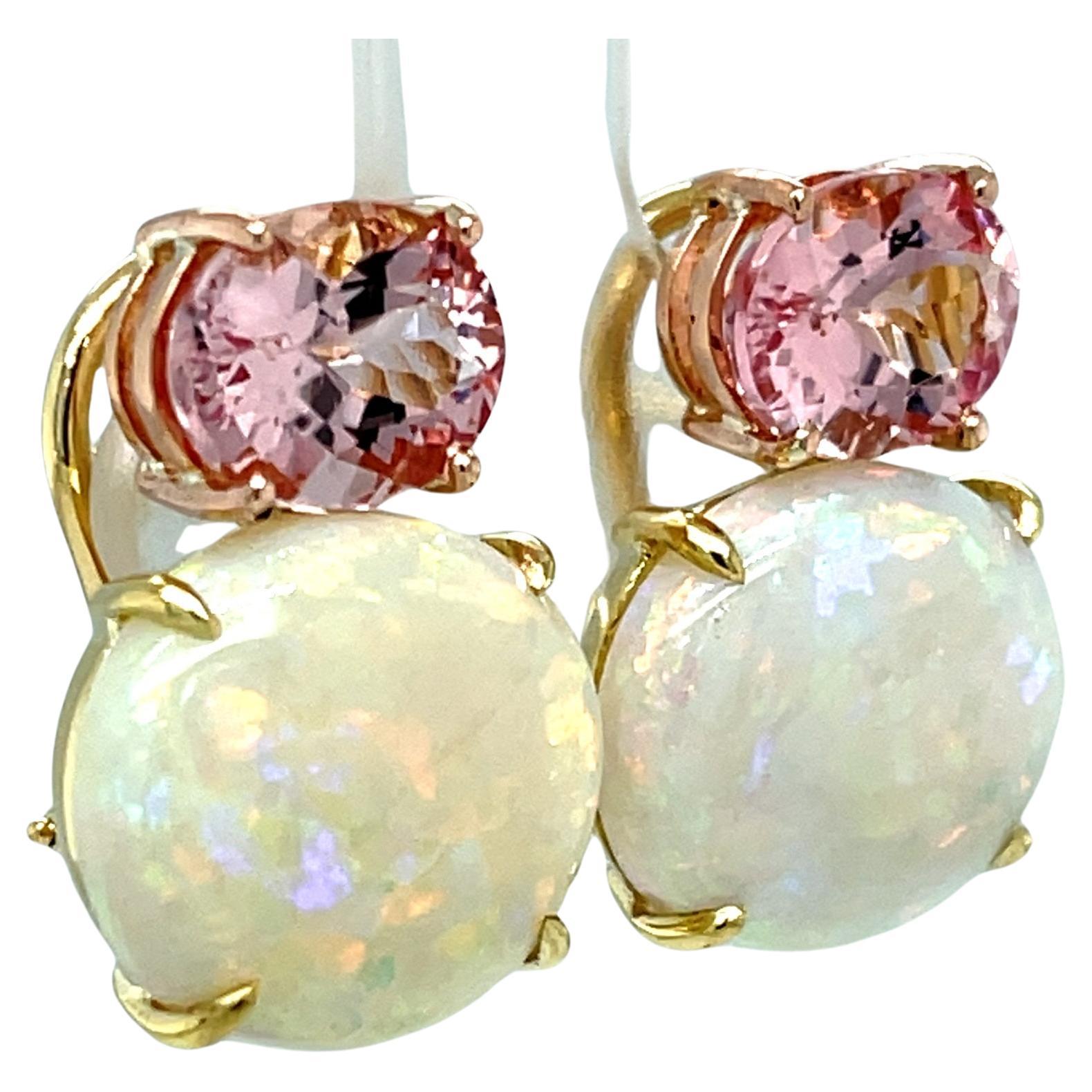 Artisan Morganite and Opal Earrings in 18k Rose and Yellow Gold with Omega Backs For Sale