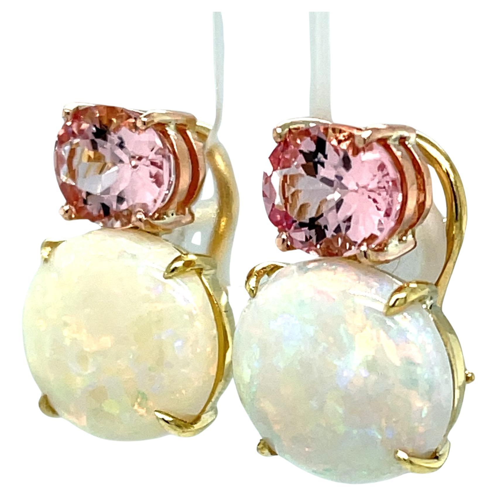 Oval Cut Morganite and Opal Earrings in 18k Rose and Yellow Gold with Omega Backs For Sale