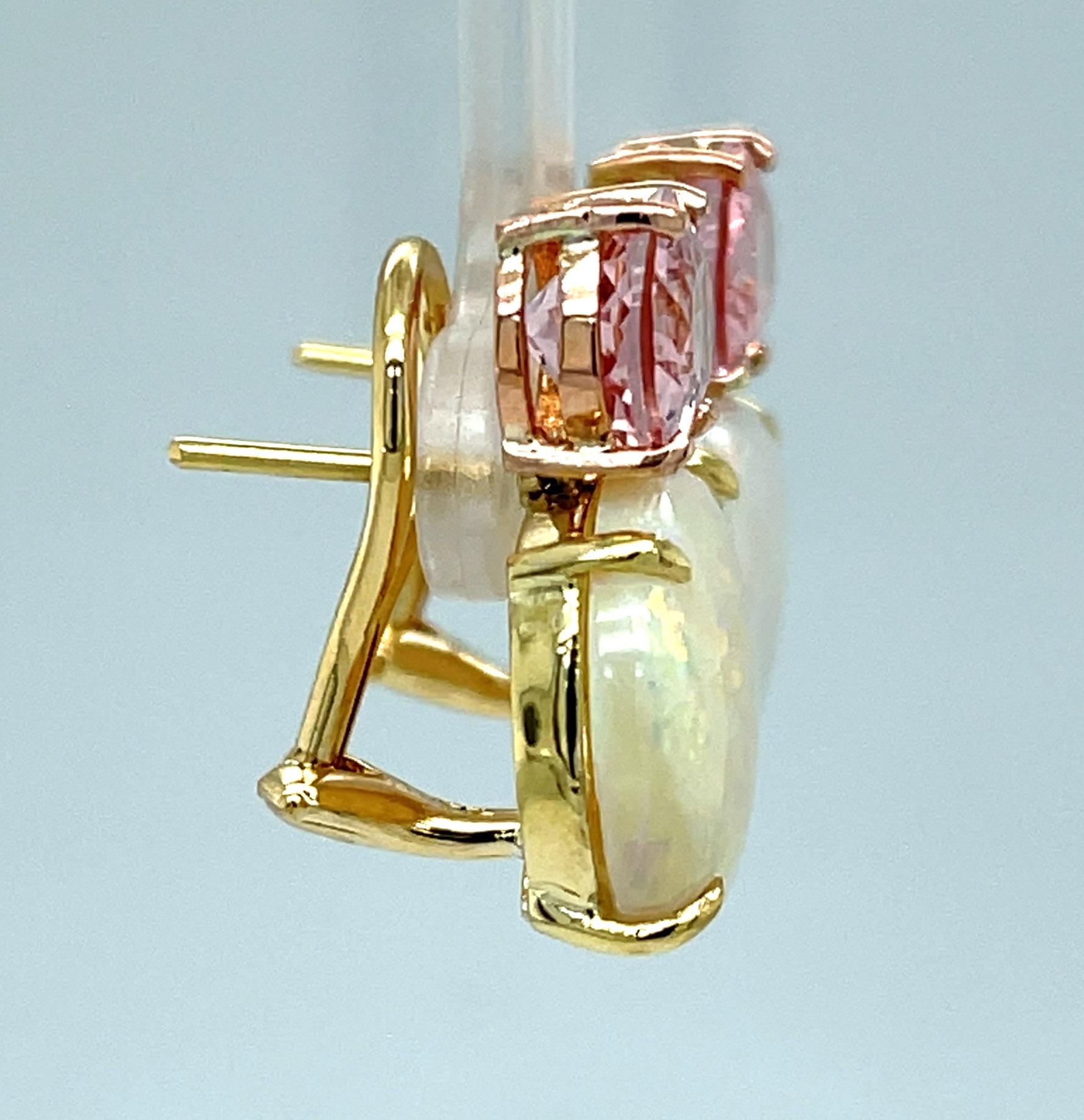 Morganite and Opal Earrings in 18k Rose and Yellow Gold with Omega Backs In New Condition For Sale In Los Angeles, CA