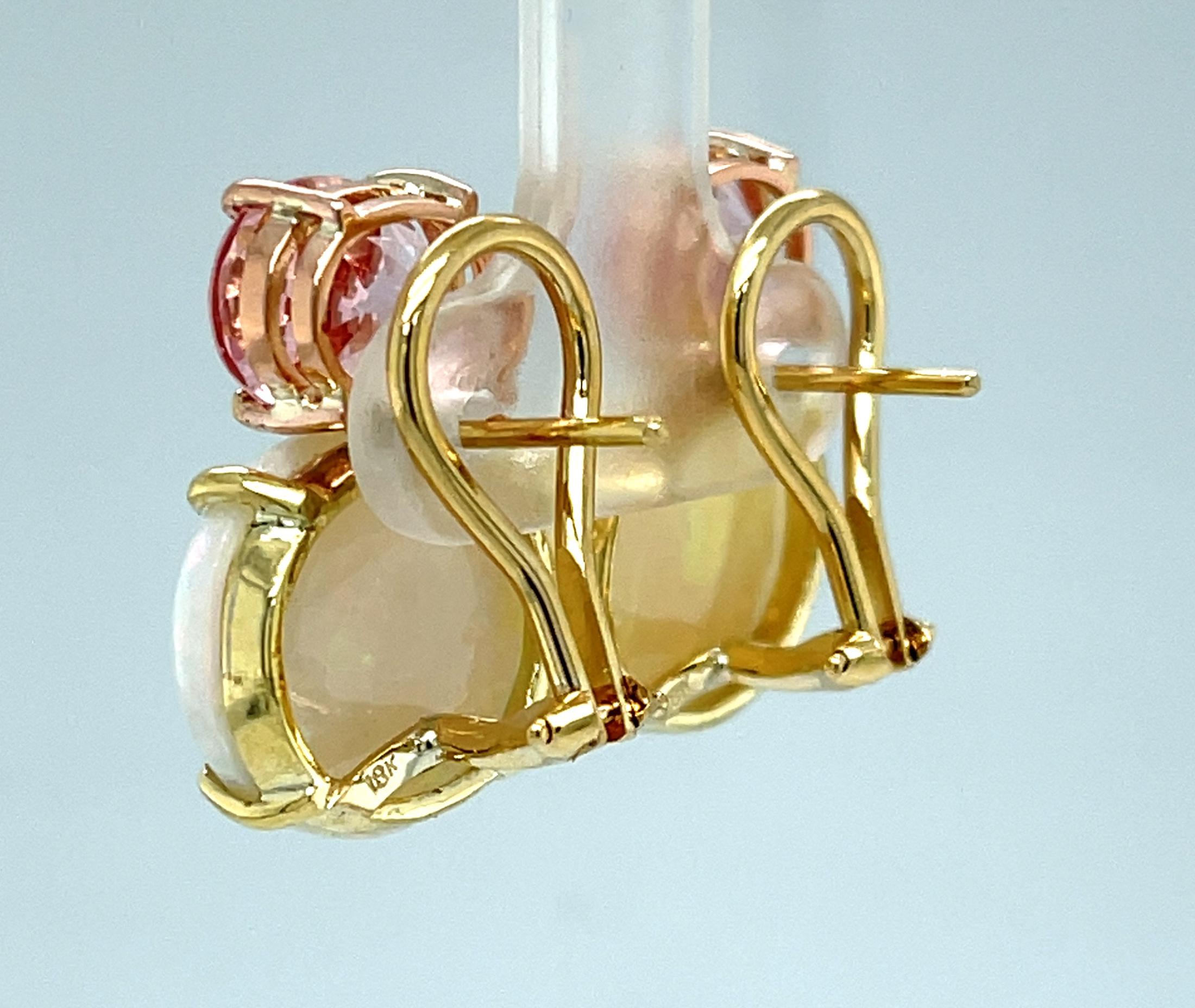 Women's Morganite and Opal Earrings in 18k Rose and Yellow Gold with Omega Backs For Sale