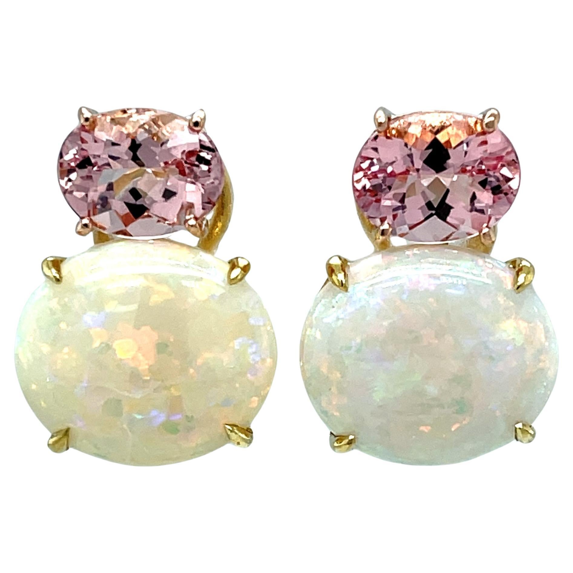 Morganite and Opal Earrings in 18k Rose and Yellow Gold with Omega Backs For Sale