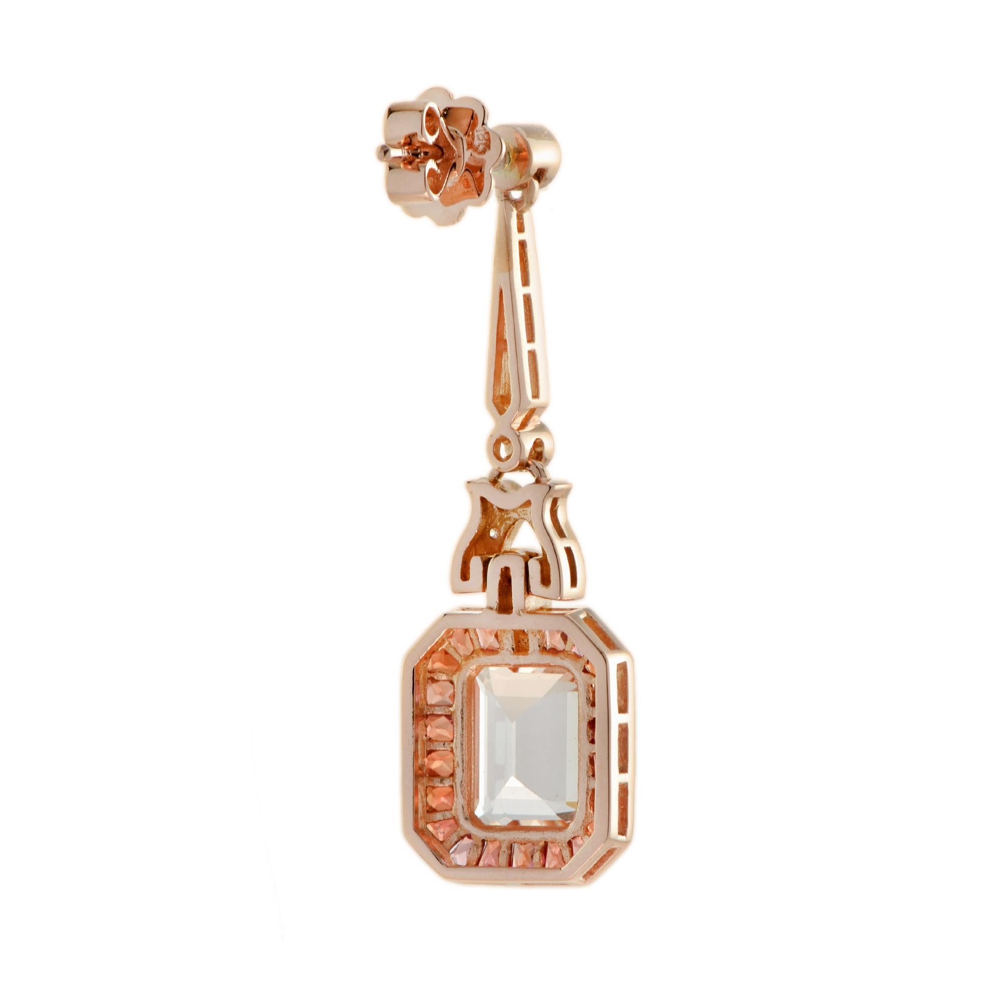 Morganite and Orange Sapphire Diamond Art Deco Style Drop Earrings in 18K Gold In New Condition For Sale In Bangkok, TH