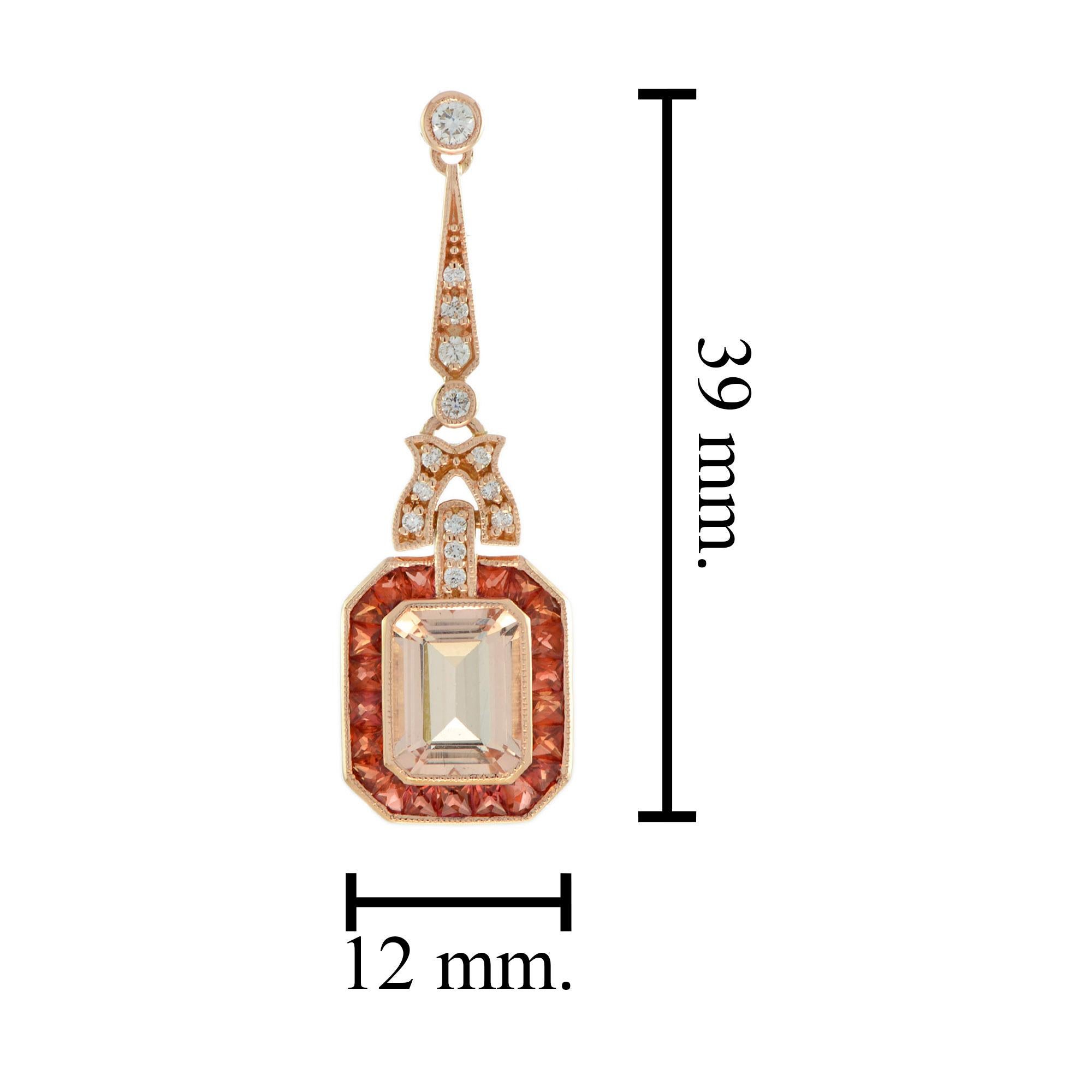 Women's Morganite and Orange Sapphire Diamond Art Deco Style Drop Earrings in 18K Gold For Sale