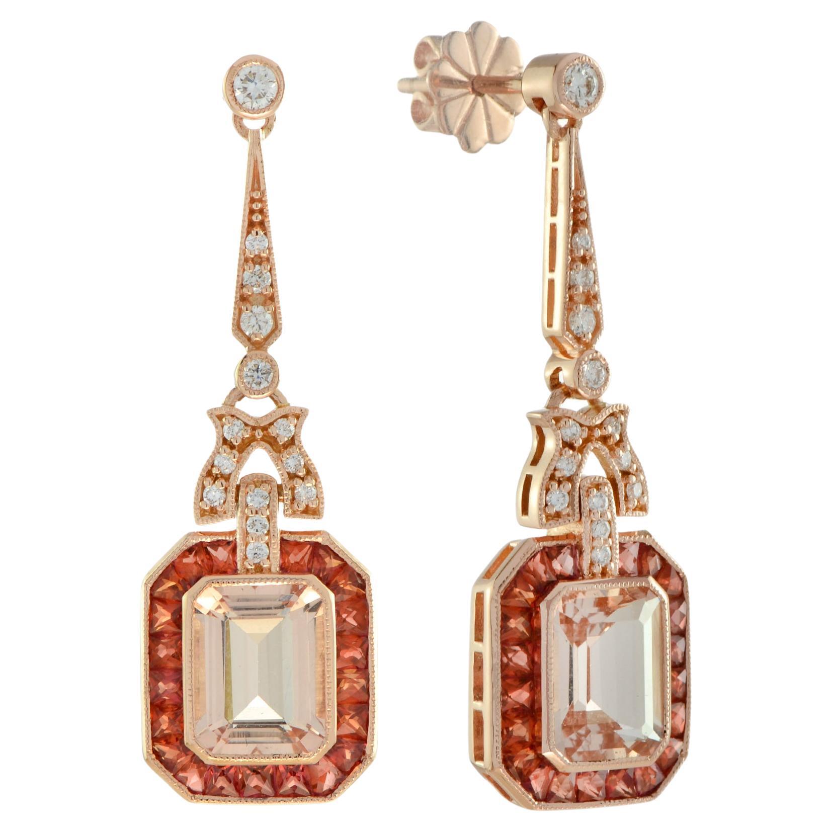 Morganite and Orange Sapphire Diamond Art Deco Style Drop Earrings in 18K Gold For Sale