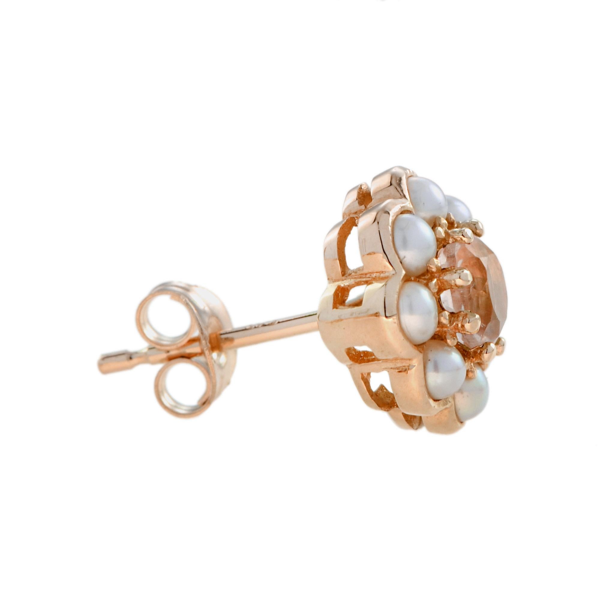 Art Déco Orecchini pendenti floreali con morganite e perle in oro rosa 9K in vendita
