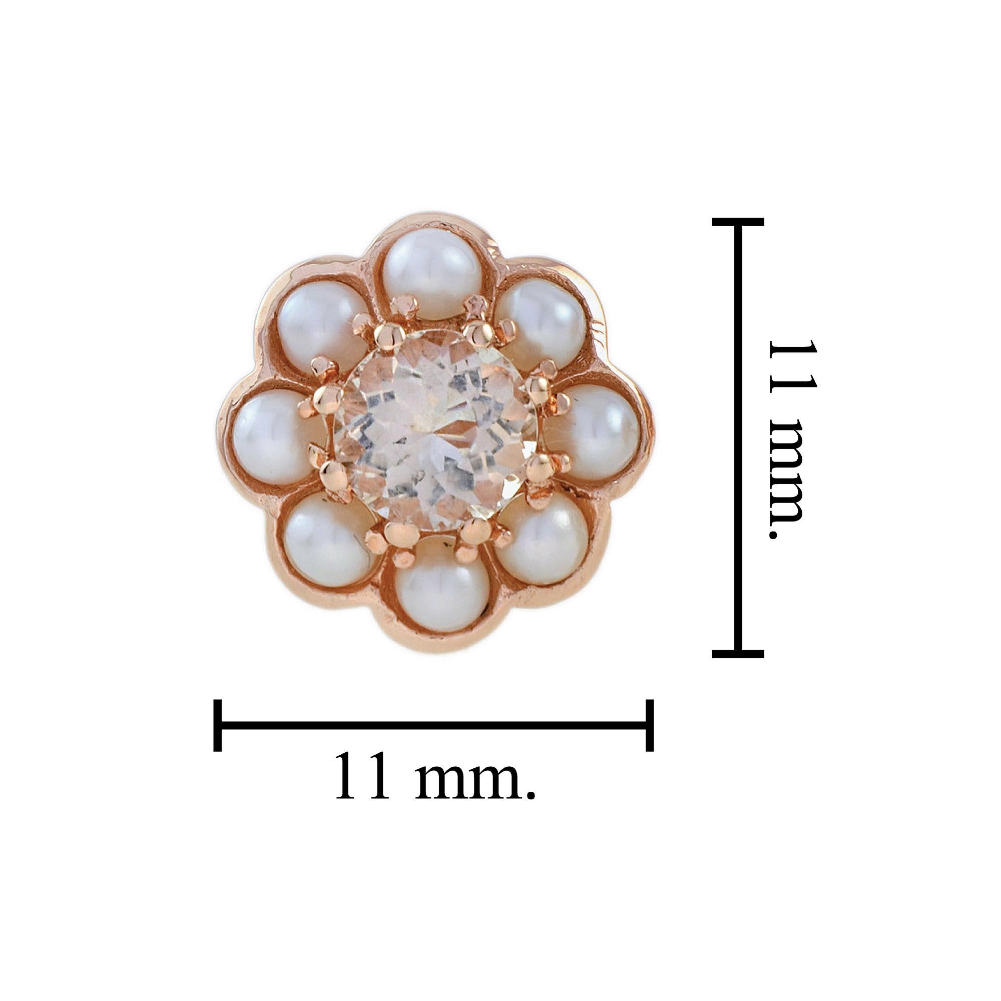 Orecchini pendenti floreali con morganite e perle in oro rosa 9K In condizioni Nuovo in vendita a Bangkok, TH