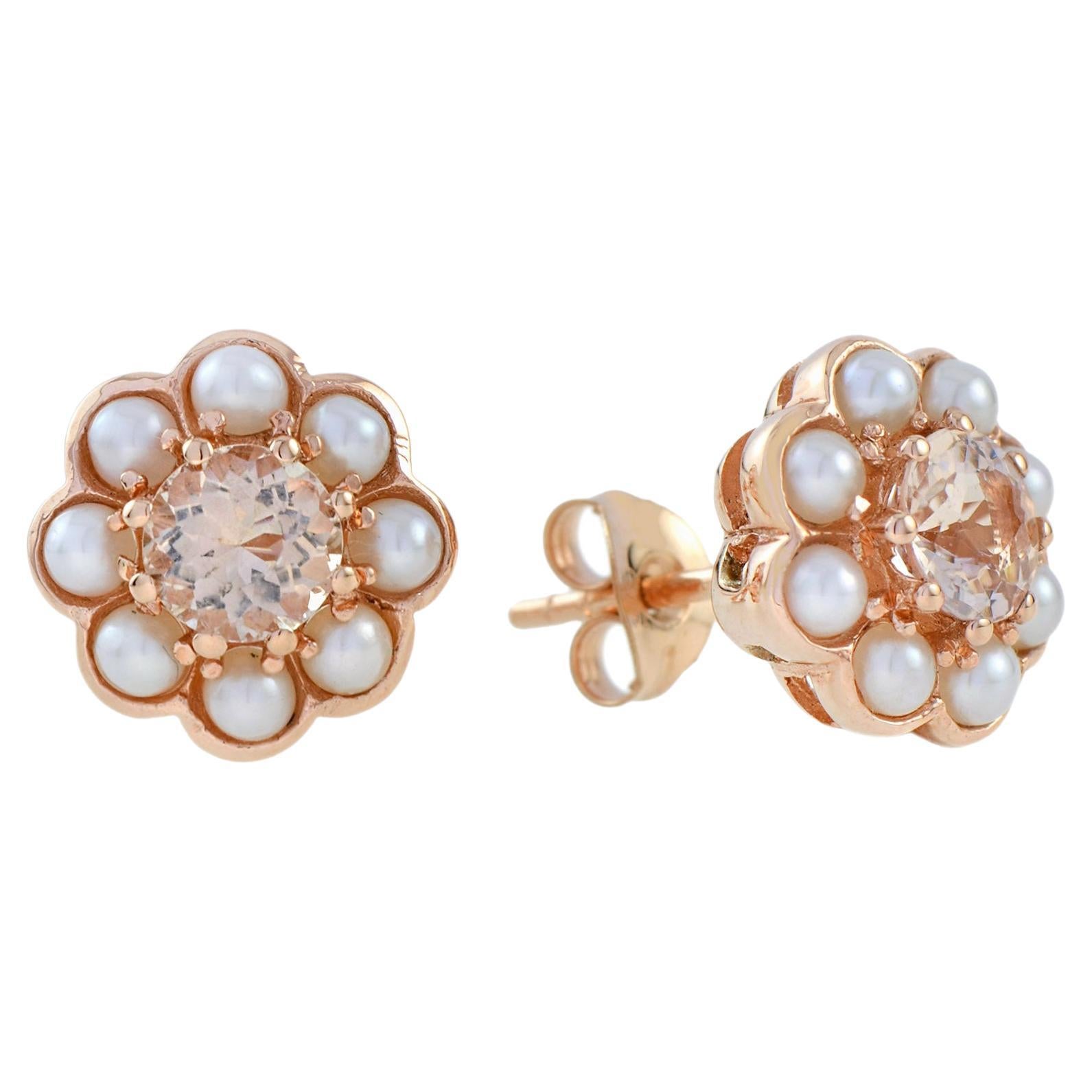 Orecchini pendenti floreali con morganite e perle in oro rosa 9K in vendita