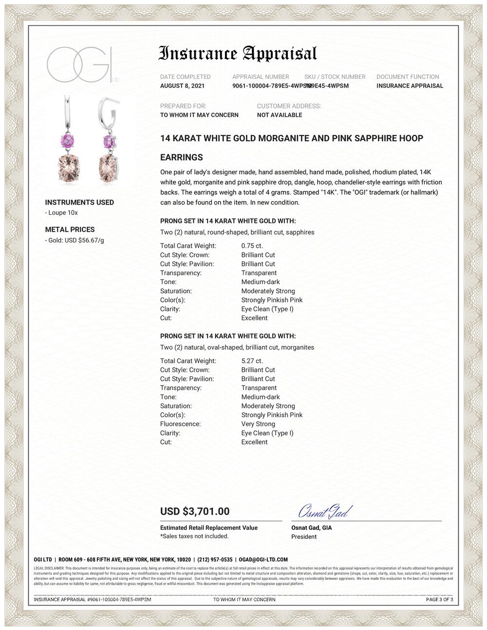 Fourteen karats yellow gold morganite and pink sapphire hoop drop earrings 
A pair of round pink sapphire weighing 0.75 carats
Two oval-shaped morganite weighing 5.27 carat 
Morganite hue tone color is peach pink
New Earrings
Handmade in the