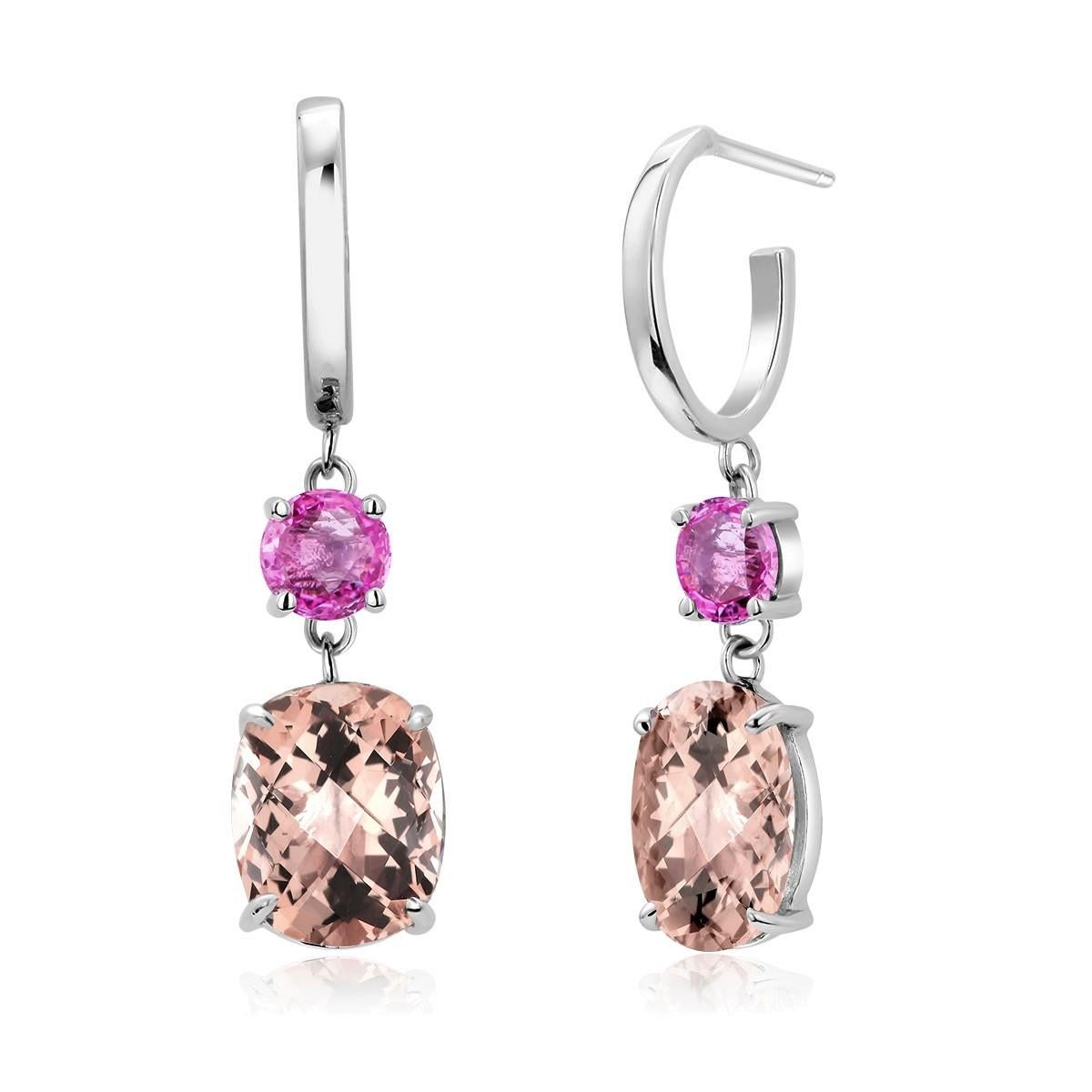 Women's or Men's Morganite and Pink Sapphire Gold Hoop Drop Earrings