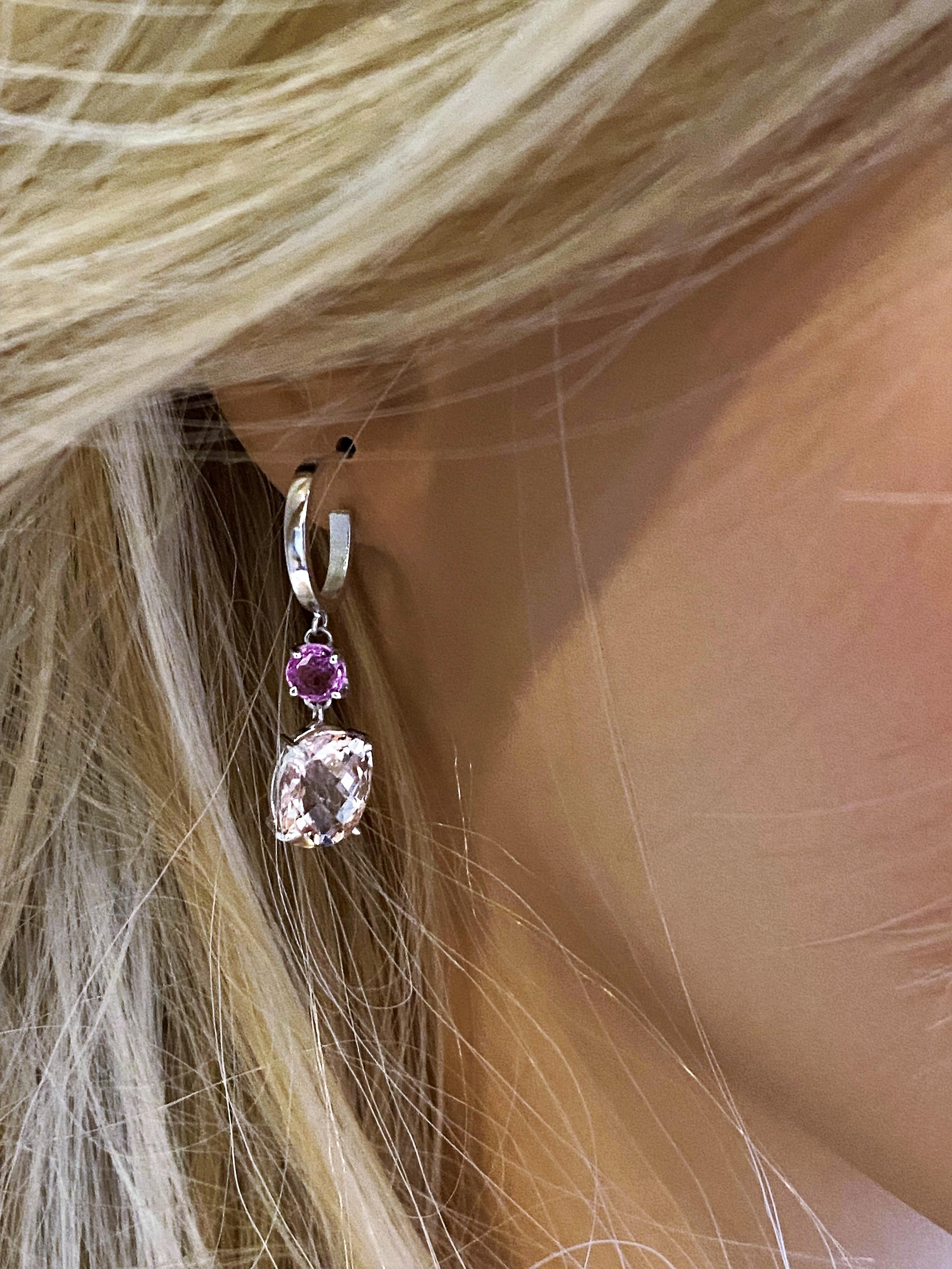 Contemporary Morganite and Pink Sapphire Gold Hoop Drop Earrings