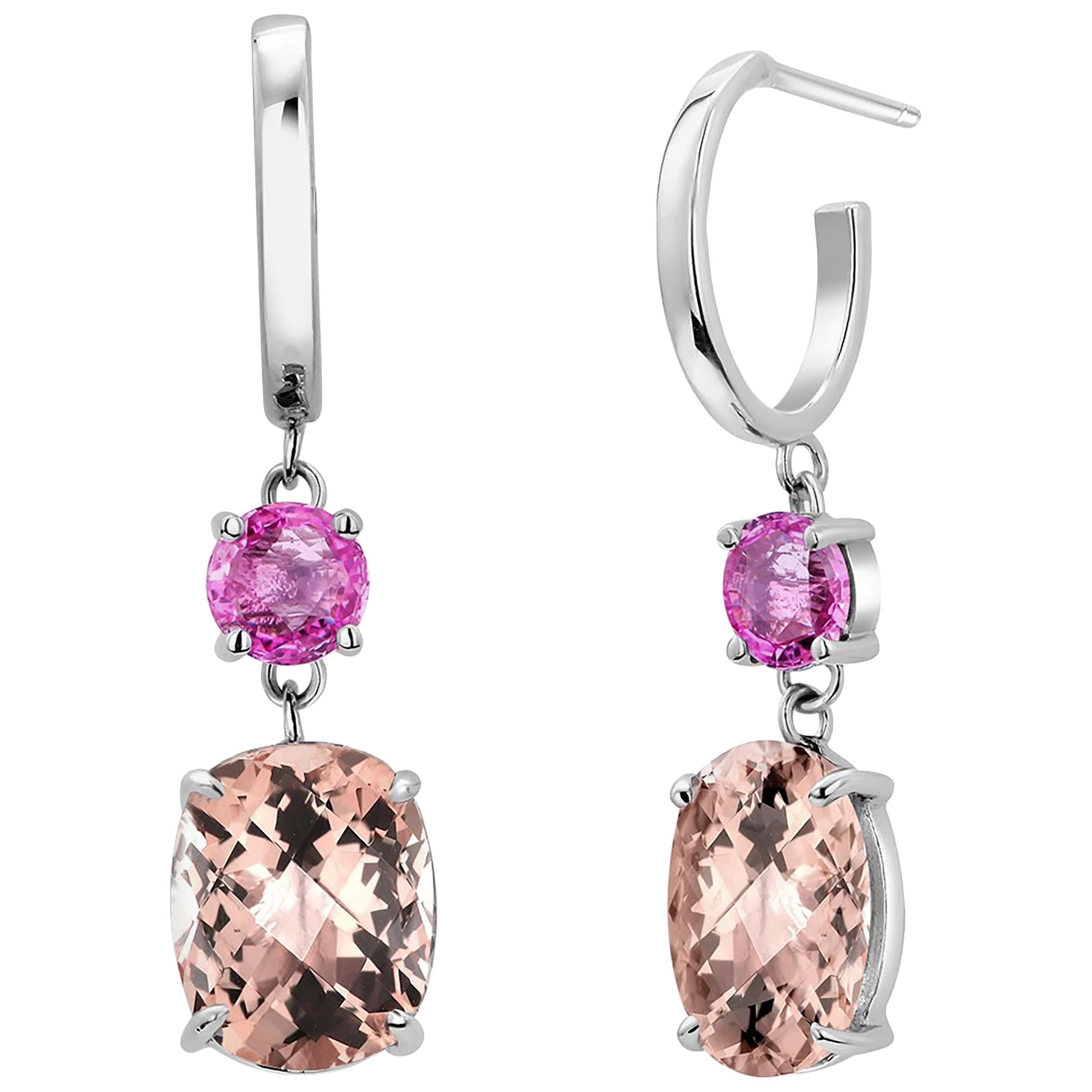Morganite and Pink Sapphire Gold Hoop Drop Earrings