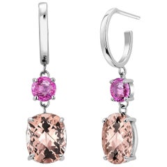 Morganite and Pink Sapphire Gold Hoop Drop Earrings