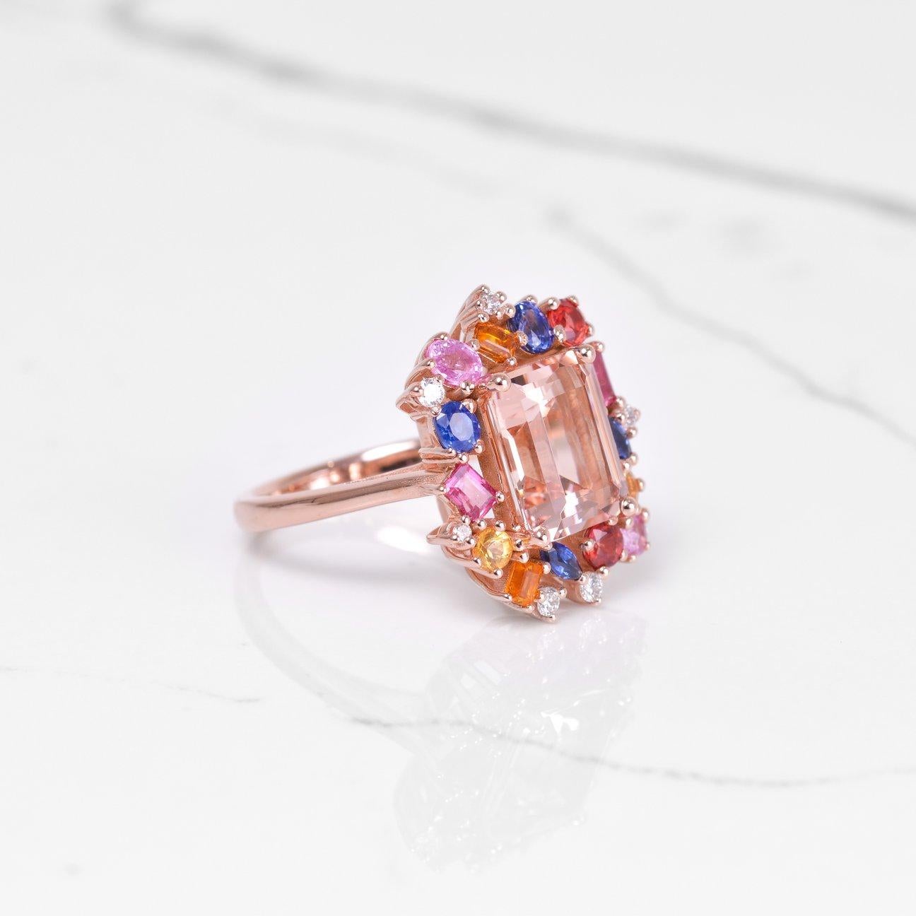 Emerald Cut Morganite And Rainbow Sapphire Ring In Rose Gold For Sale