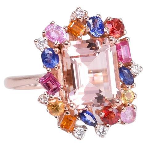 Morganite And Rainbow Sapphire Ring In Rose Gold For Sale