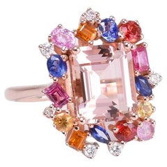 Morganite And Rainbow Sapphire Ring In Rose Gold