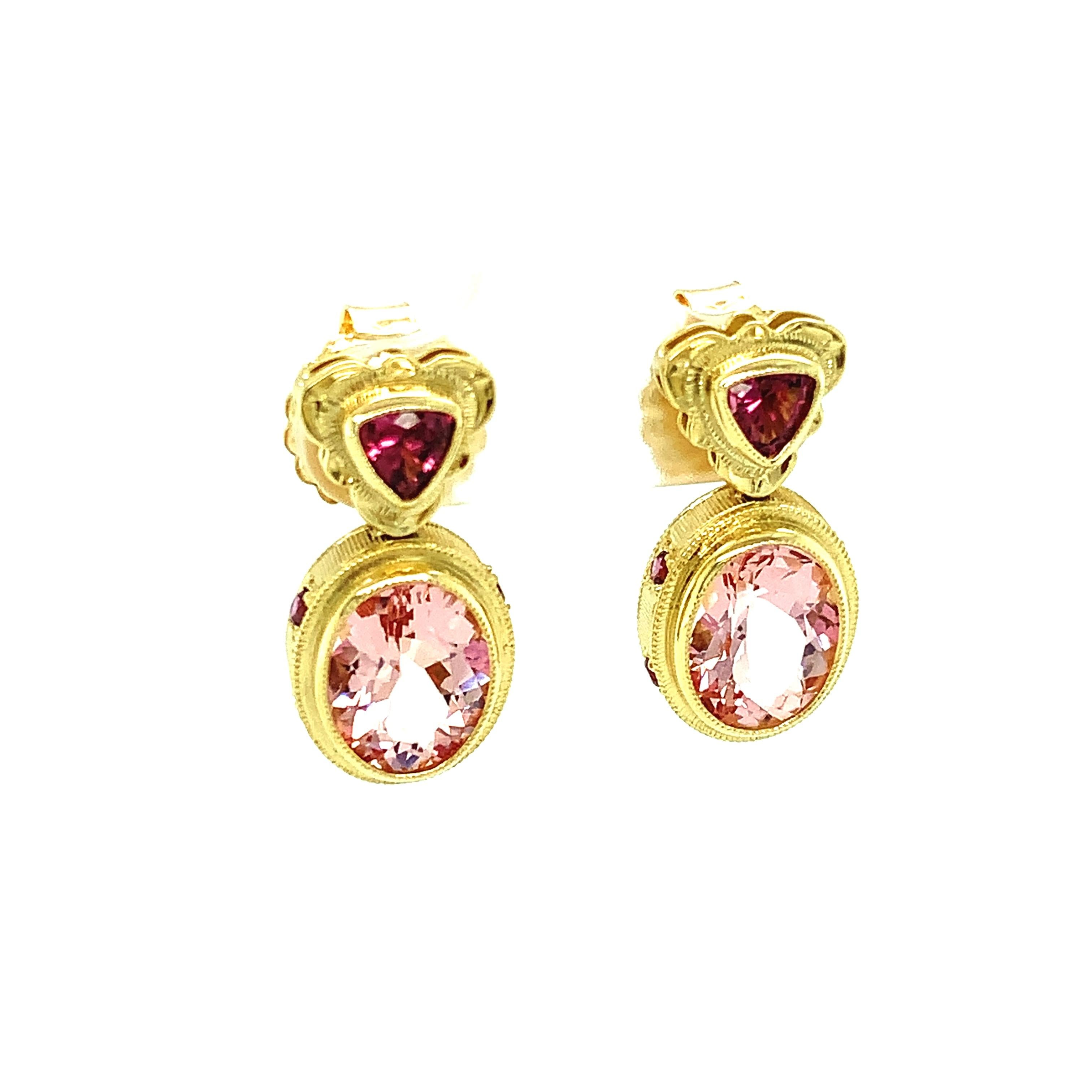 Artisan Morganite and Rhodolite Garnet Yellow Gold Bezel Drop Dangle Stud Earrings