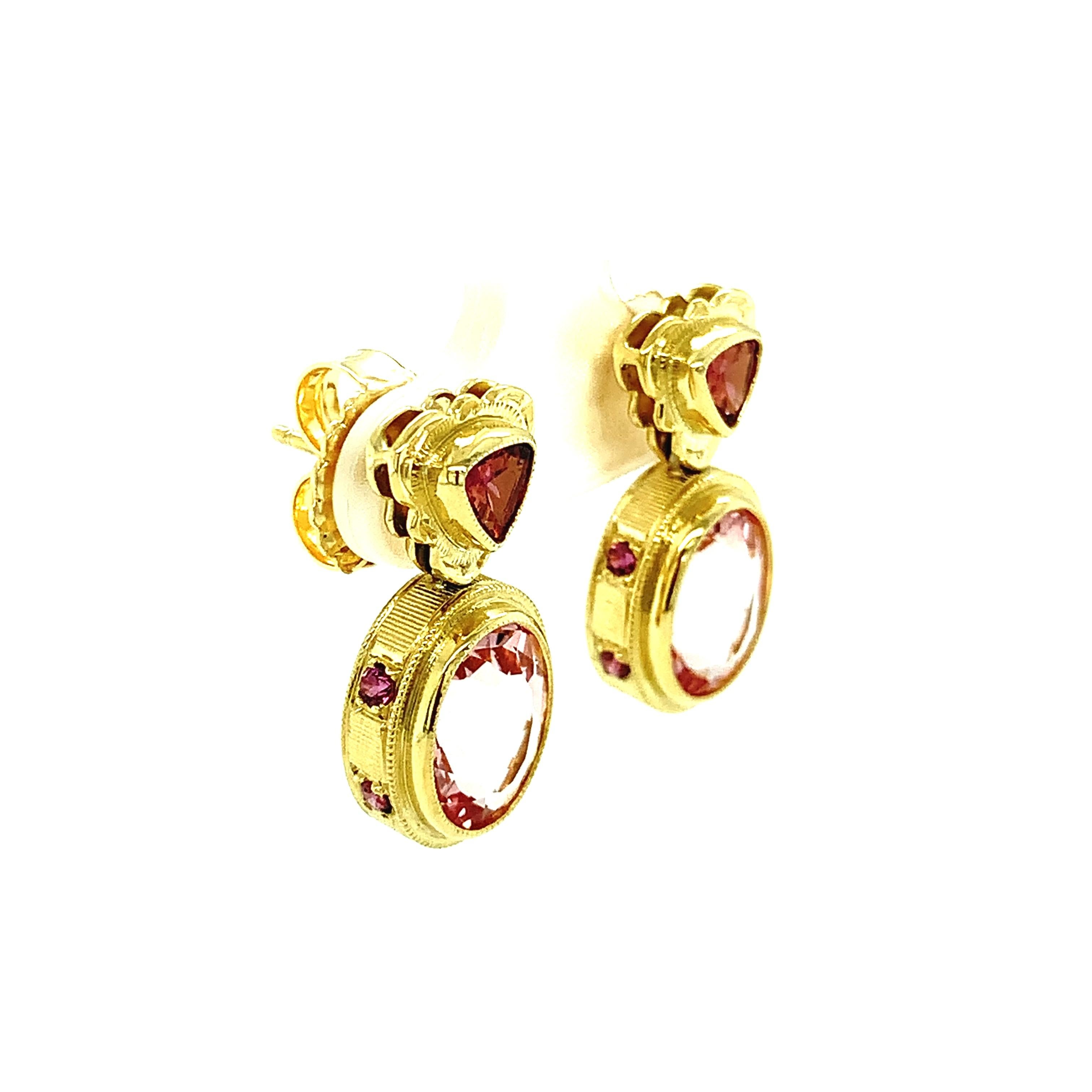 Oval Cut Morganite and Rhodolite Garnet Yellow Gold Bezel Drop Dangle Stud Earrings