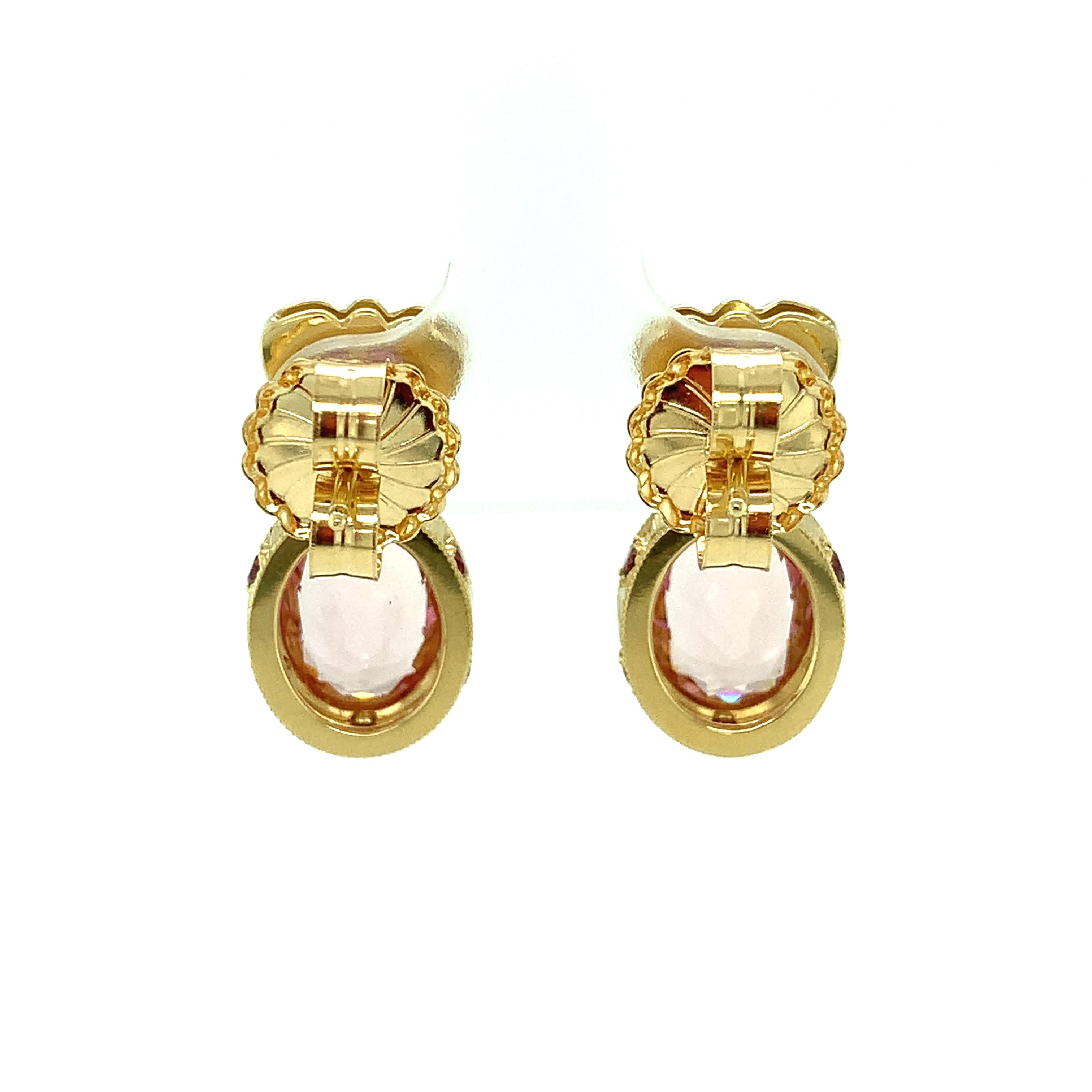 Morganite and Rhodolite Garnet Yellow Gold Bezel Drop Dangle Stud Earrings 1