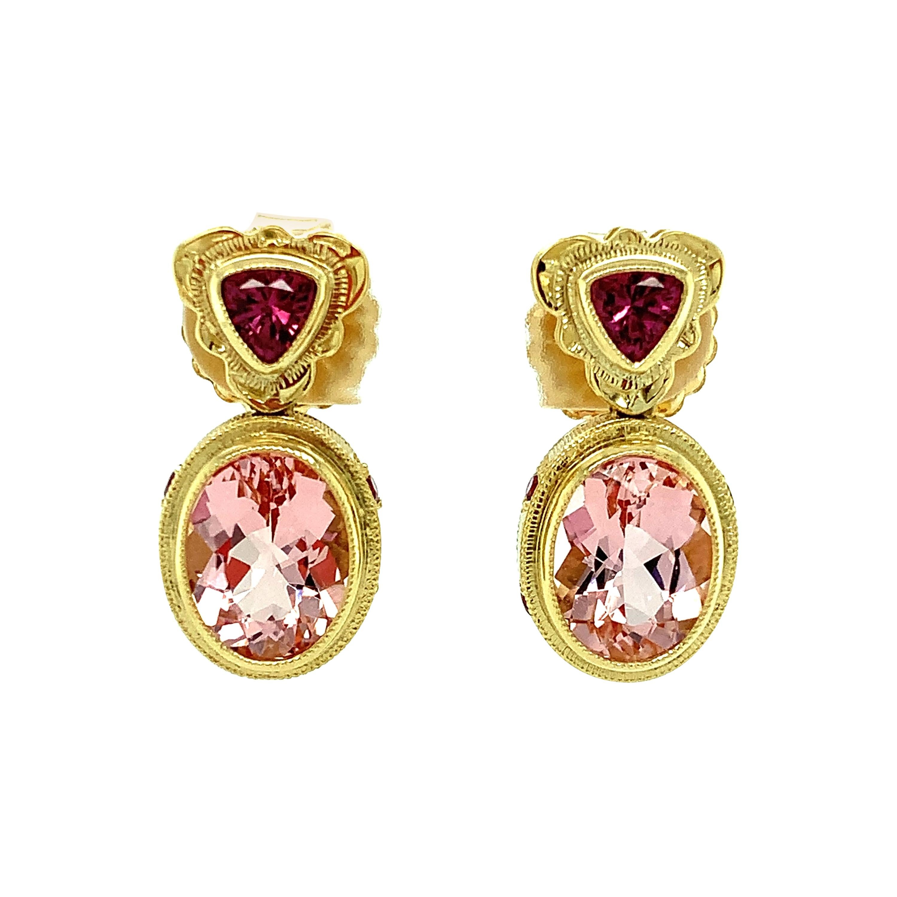 Morganite and Rhodolite Garnet Yellow Gold Bezel Drop Dangle Stud Earrings