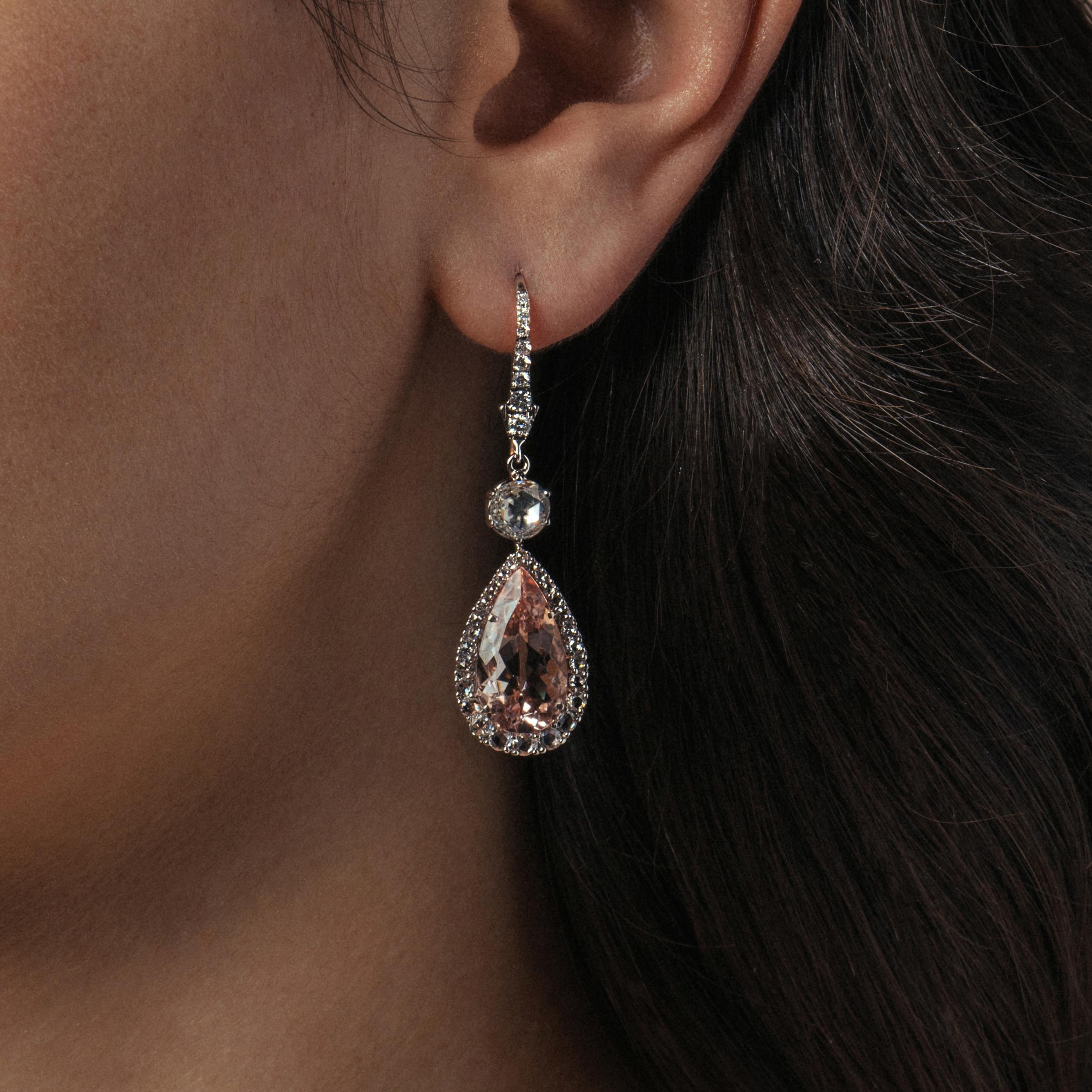 Pear Cut Morganite and Rose Cut Diamond Drop Earrings For Sale