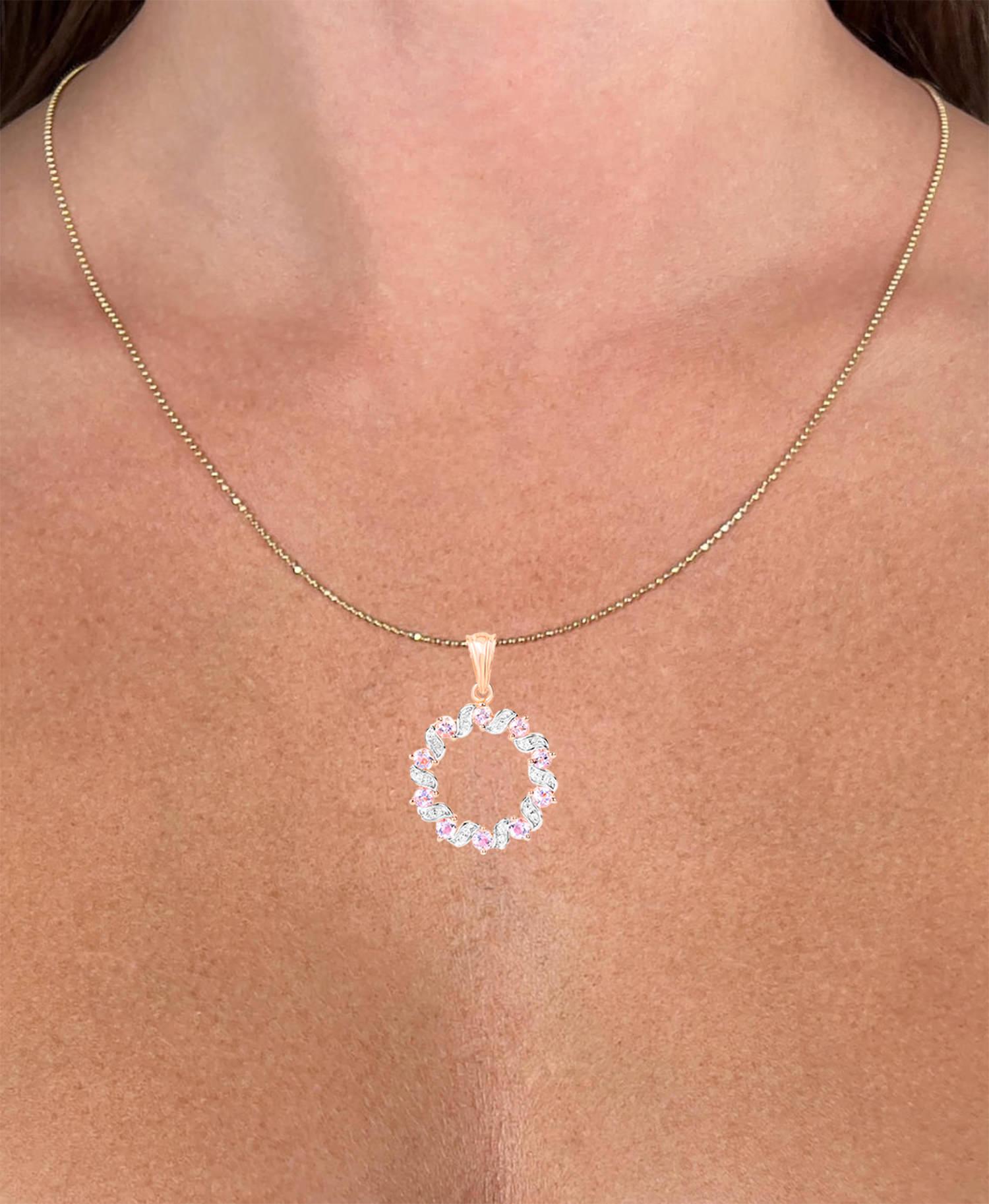 Contemporary Morganite and Topaz Circle Pendant Necklace 1.1 Carats 18K Rose Gold Plated For Sale