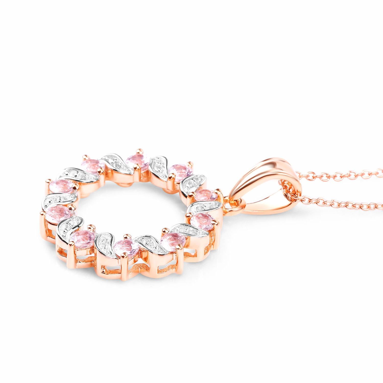 Mixed Cut Morganite and Topaz Circle Pendant Necklace 1.1 Carats 18K Rose Gold Plated For Sale