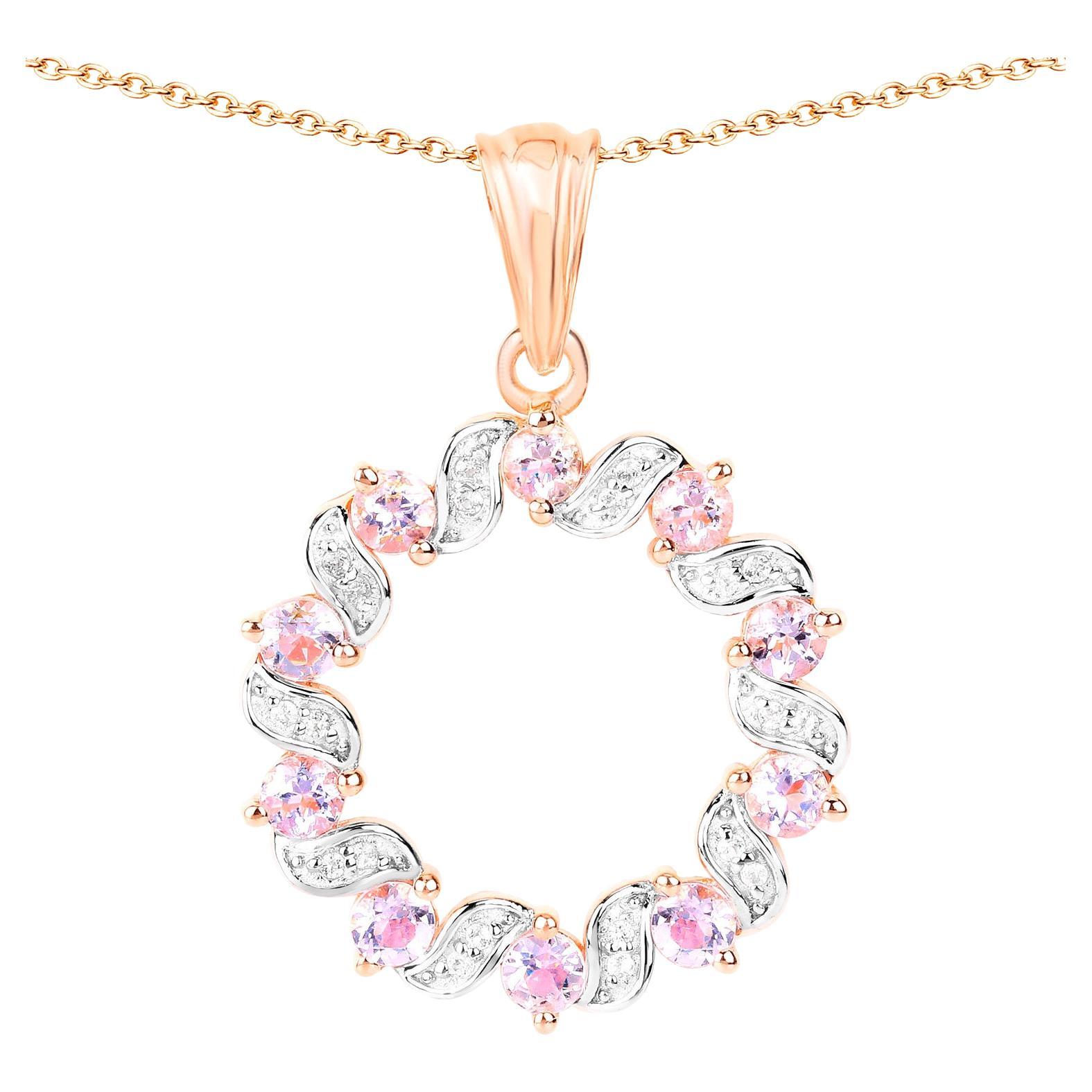 Morganite and Topaz Circle Pendant Necklace 1.1 Carats 18K Rose Gold Plated For Sale