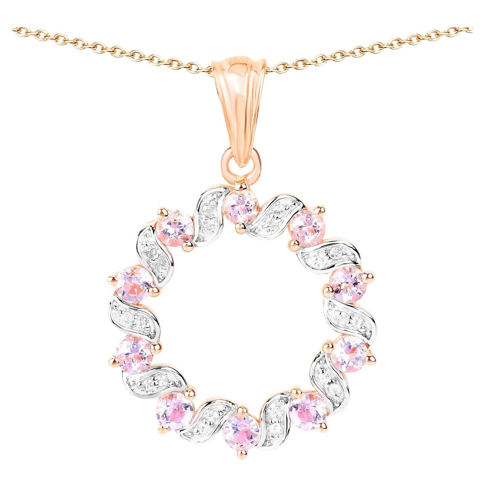 Morganite and Topaz Circle Pendant Necklace 1.1 Carats 18K Rose Gold Plated
