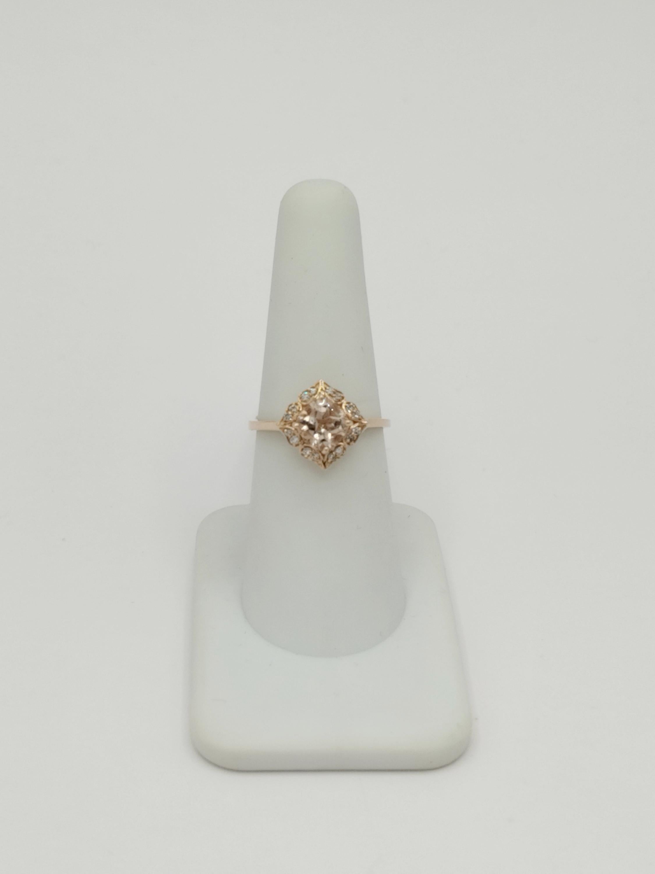 Morganite and White Diamond Design Ring in 14K Rose Gold For Sale 1