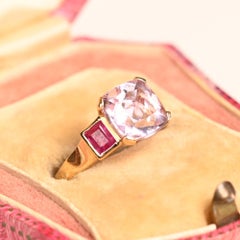 Cushion Cut Morganite Ruby Accent Cocktail Ring 1.60ct 18K Yellow Gold
