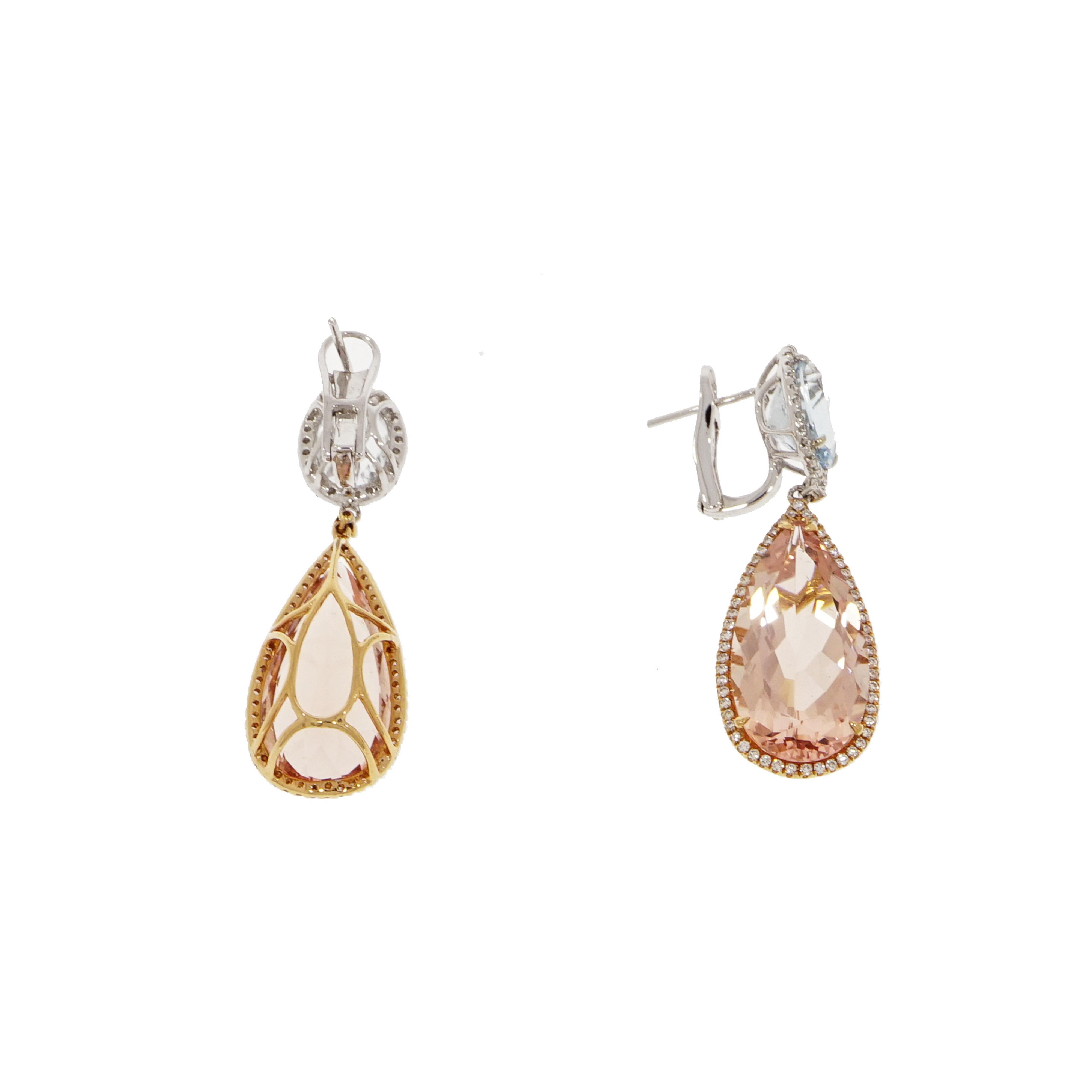 Infuse some color into your routine with eye-popping earrings like this pair of Morganite and Aquamarine Drops. 
The faceted pear shaped Morganite is expertly set in 18k rose gold and weigh approximately 18.44 carats total, suspended from an oval