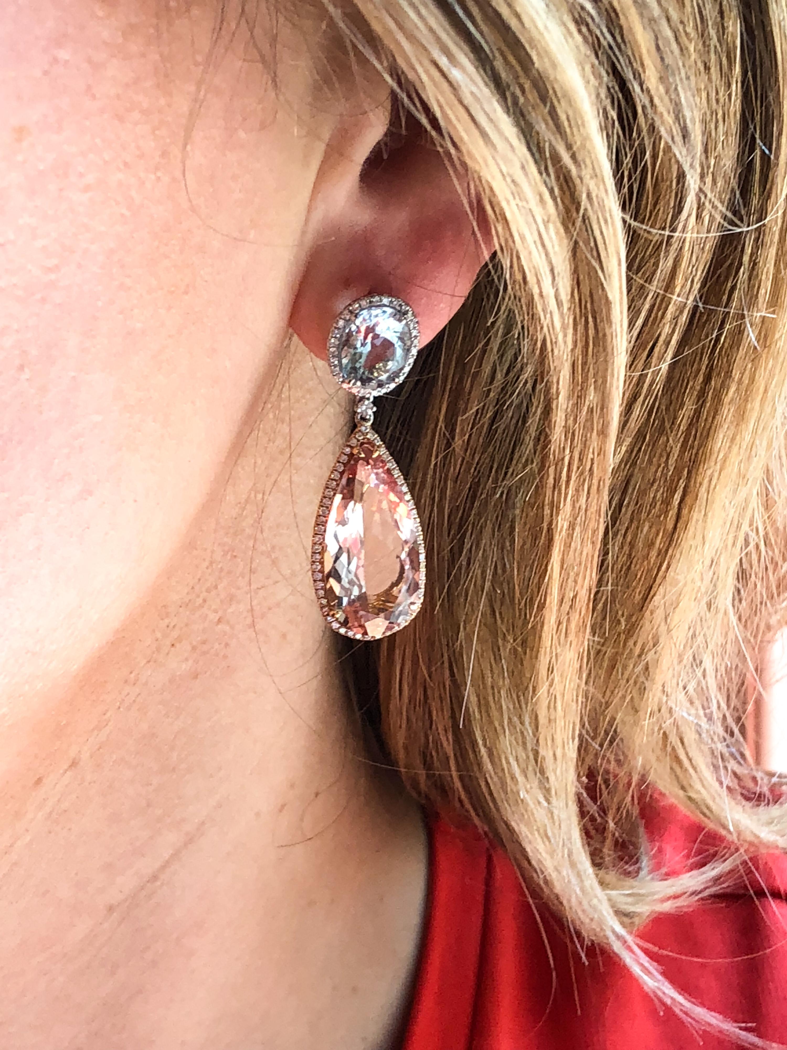 Modern Morganite, Aquamarine and Diamond Drop Earrings