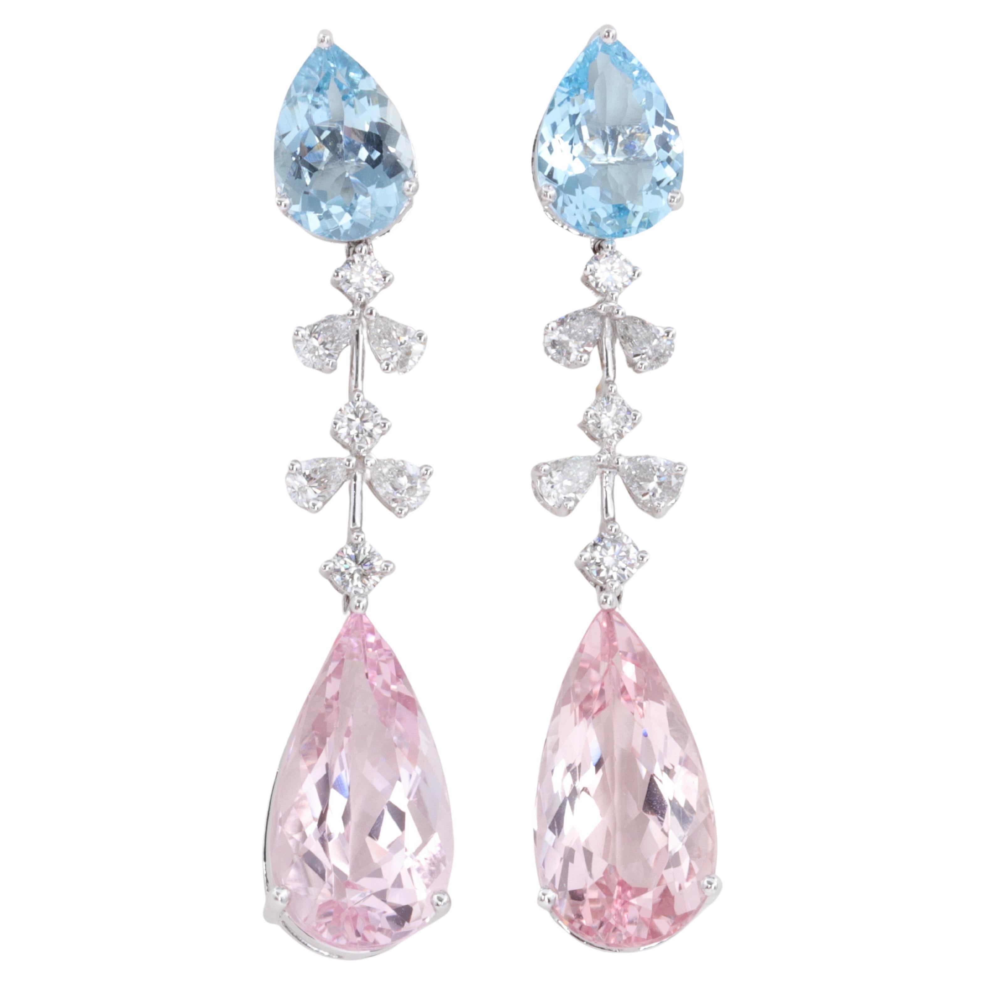 Aquamarine, Diamond and Morganite, Drop Earrings set in 18 Karat White Gold  For Sale