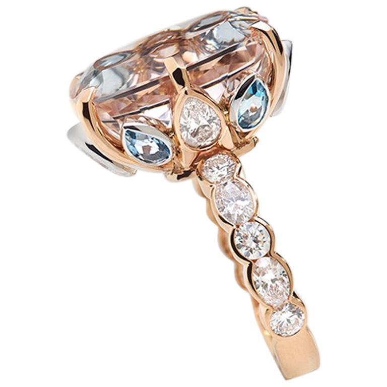 18 Carat Gold, Morganite, Aquamarine and White Diamond Cocktail Engagement Ring