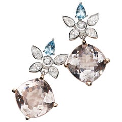 Morganite, Aquamarine and White Diamond 18 Karat Gold Earrings