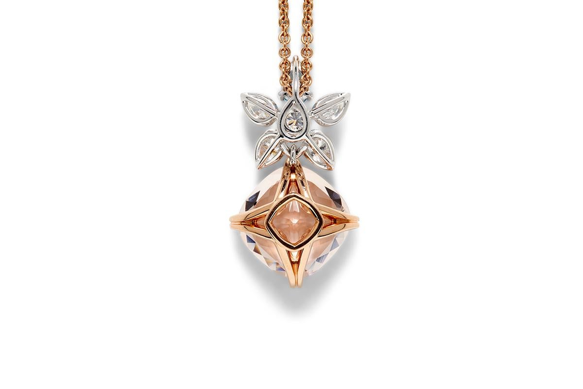 Blossom Collection Morganite, Aquamarine and Diamond Pendant. The Blossom Collection gemstones are a uniquely designed cushion cut, featuring a high table to emulate the antique Georgian style period, with a round brilliant cut base to emphasise