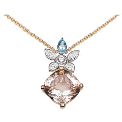 Morganite, Aquamarine and White Diamond 18 Karat Gold Pendant Necklace
