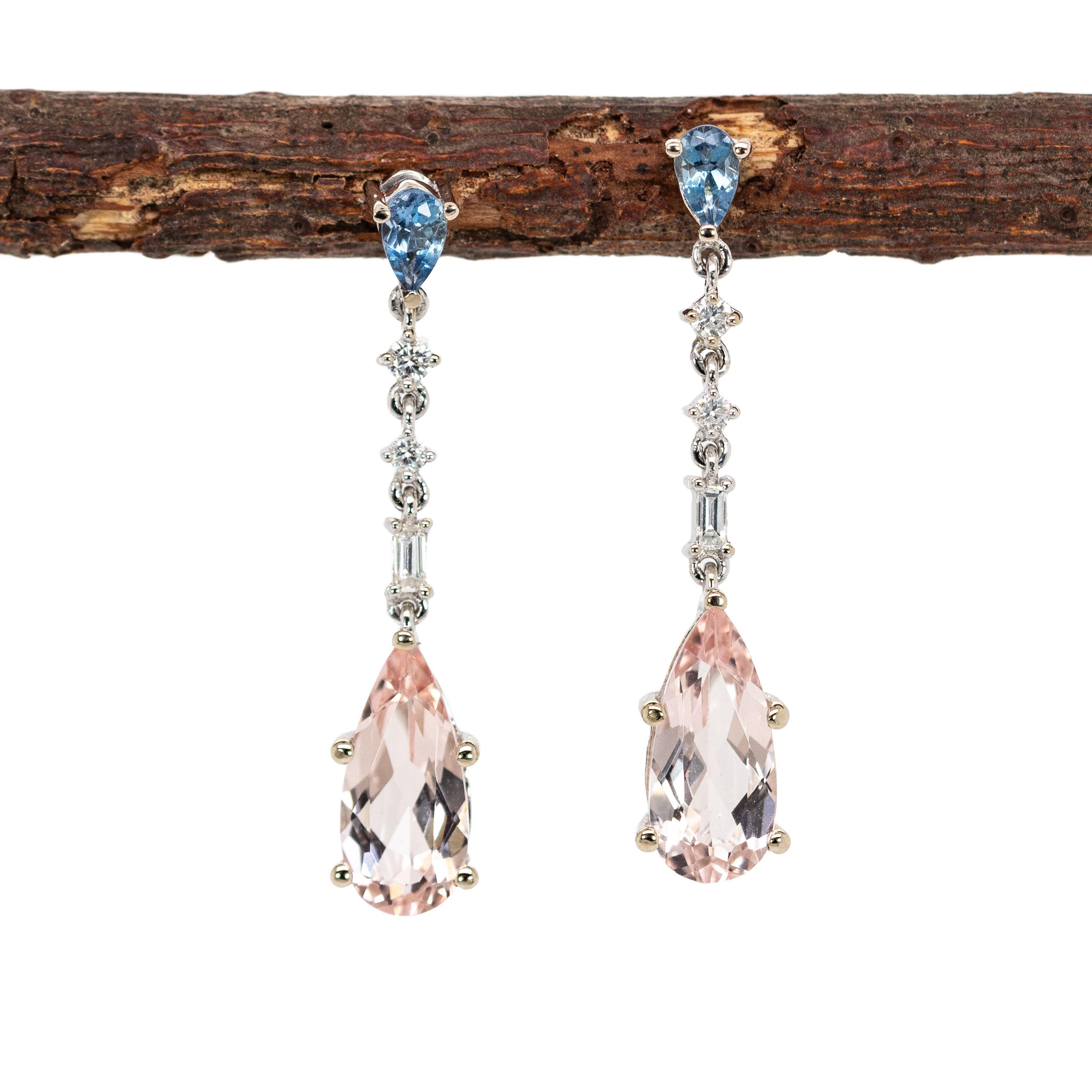 Art Deco Morganite & Aquamarine Earrings with Earth Mined Diamonds in Solid 14K Gold For Sale