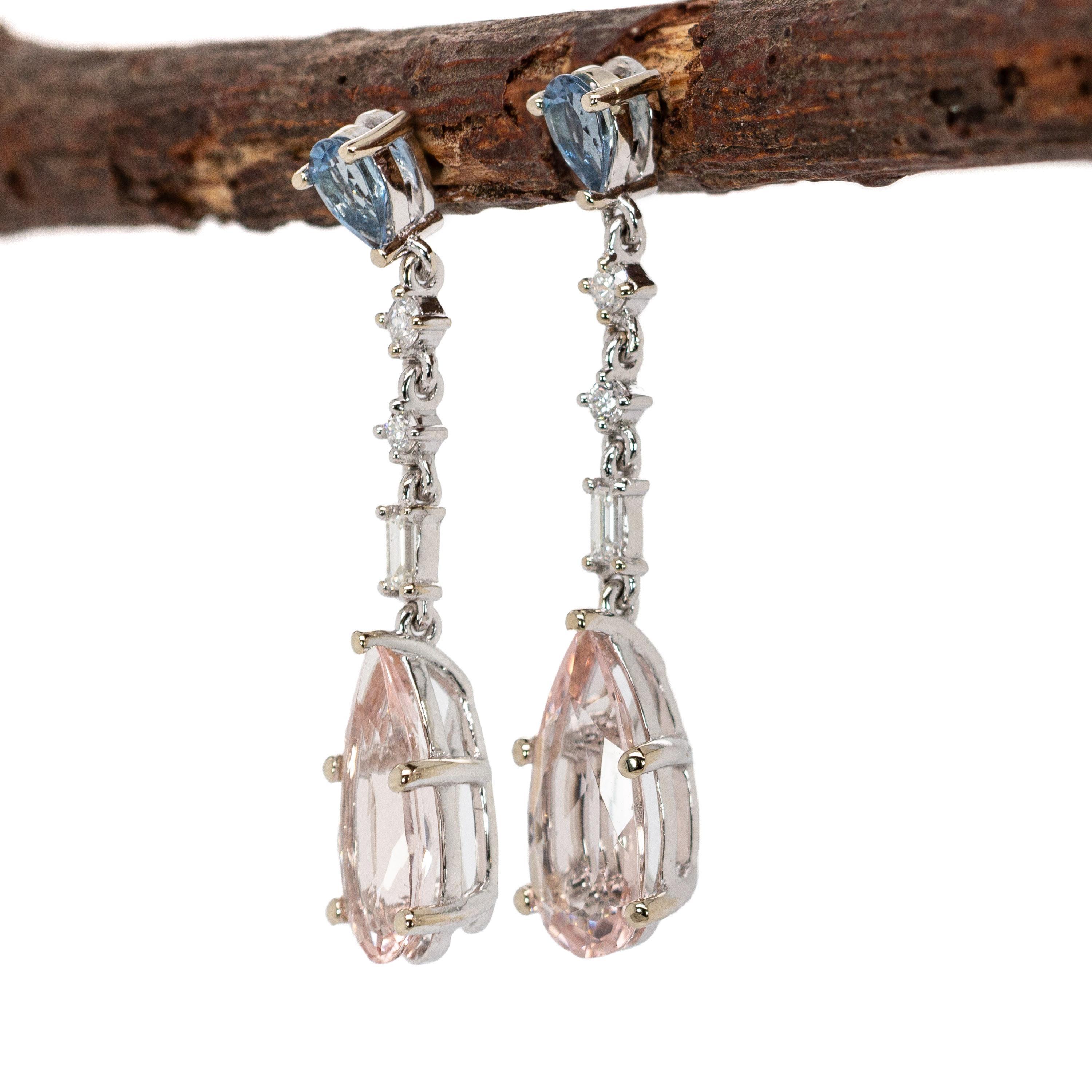Pear Cut Morganite & Aquamarine Earrings with Earth Mined Diamonds in Solid 14K Gold For Sale