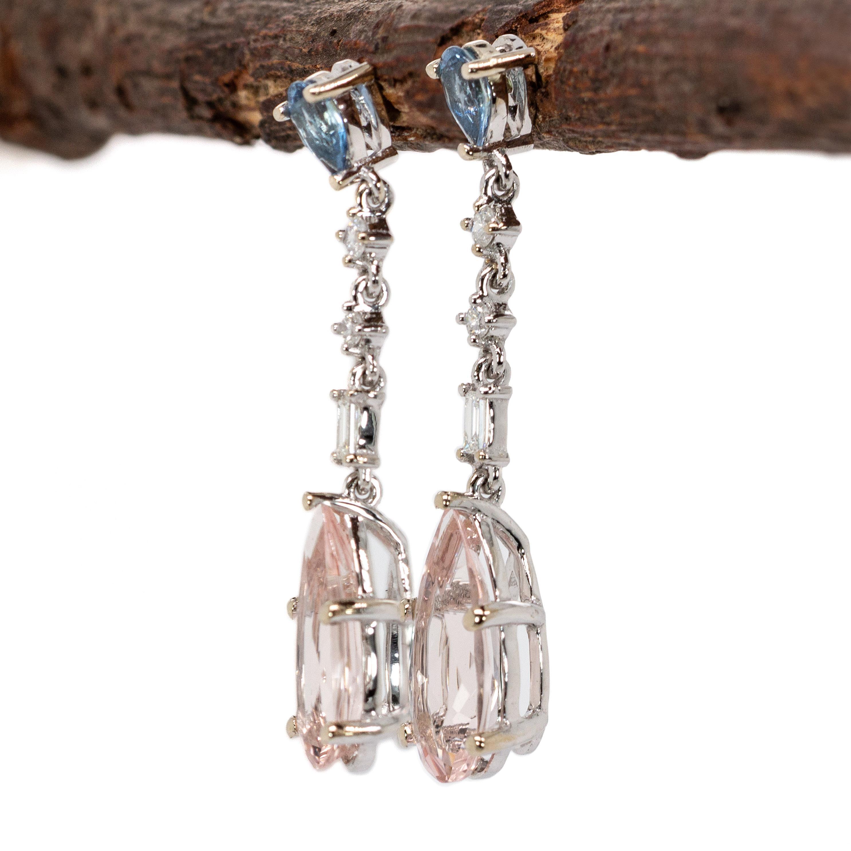 Morganite & Aquamarine Earrings with Earth Mined Diamonds in Solid 14K Gold In New Condition For Sale In Columbus, OH