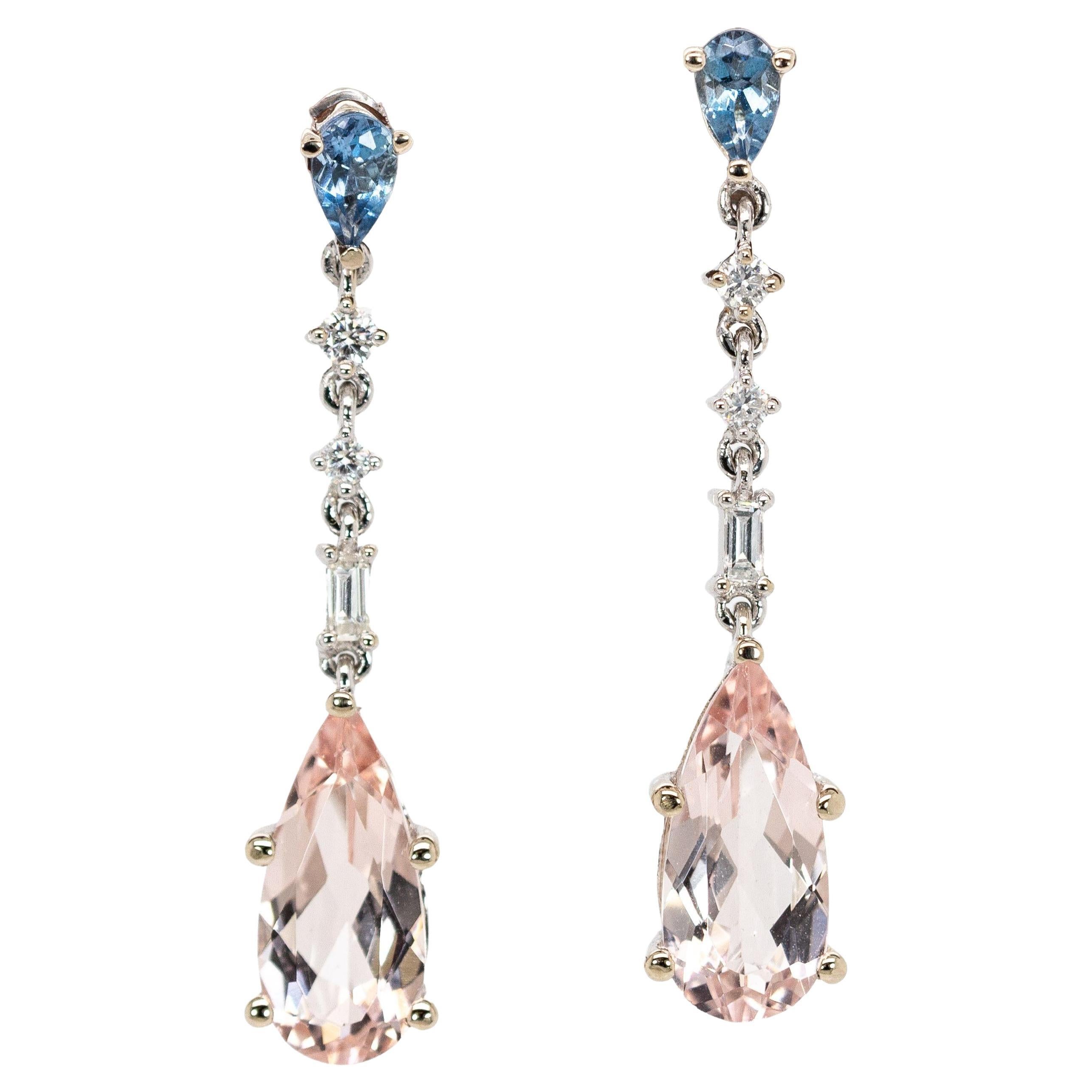 Morganite & Aquamarine Earrings with Earth Mined Diamonds in Solid 14K Gold For Sale
