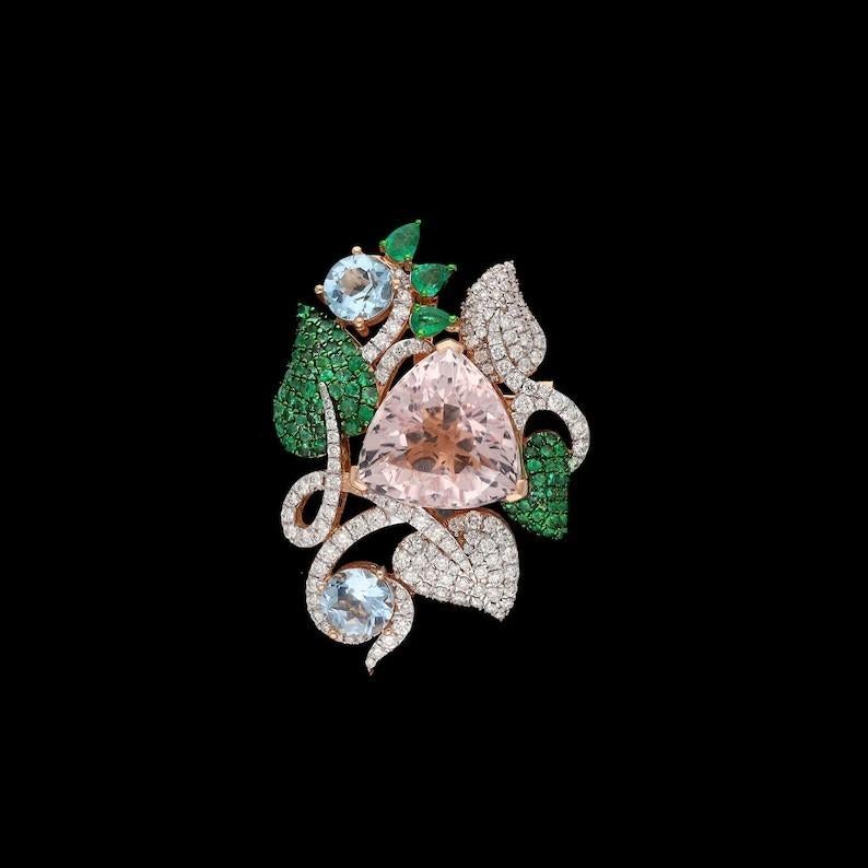 Contemporary Morganite Aquamarine Emerald 18 Karat Gold Diamond Garden of Paradise Brooch For Sale
