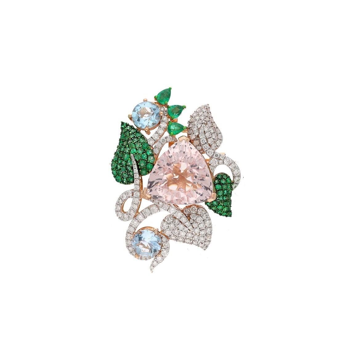 Mixed Cut Morganite Aquamarine Emerald 18 Karat Gold Diamond Garden of Paradise Brooch For Sale