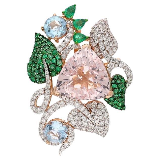 Morganite Aquamarine Emerald 18 Karat Gold Diamond Garden of Paradise Brooch For Sale